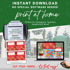 Print at Home Overview
Infographic showing printer, laptop, and layout page. Prints four toppers per 8.5x11 sheet; no special software; ideal for classrooms and families. Instructions: print actual size, cut, fold, staple.