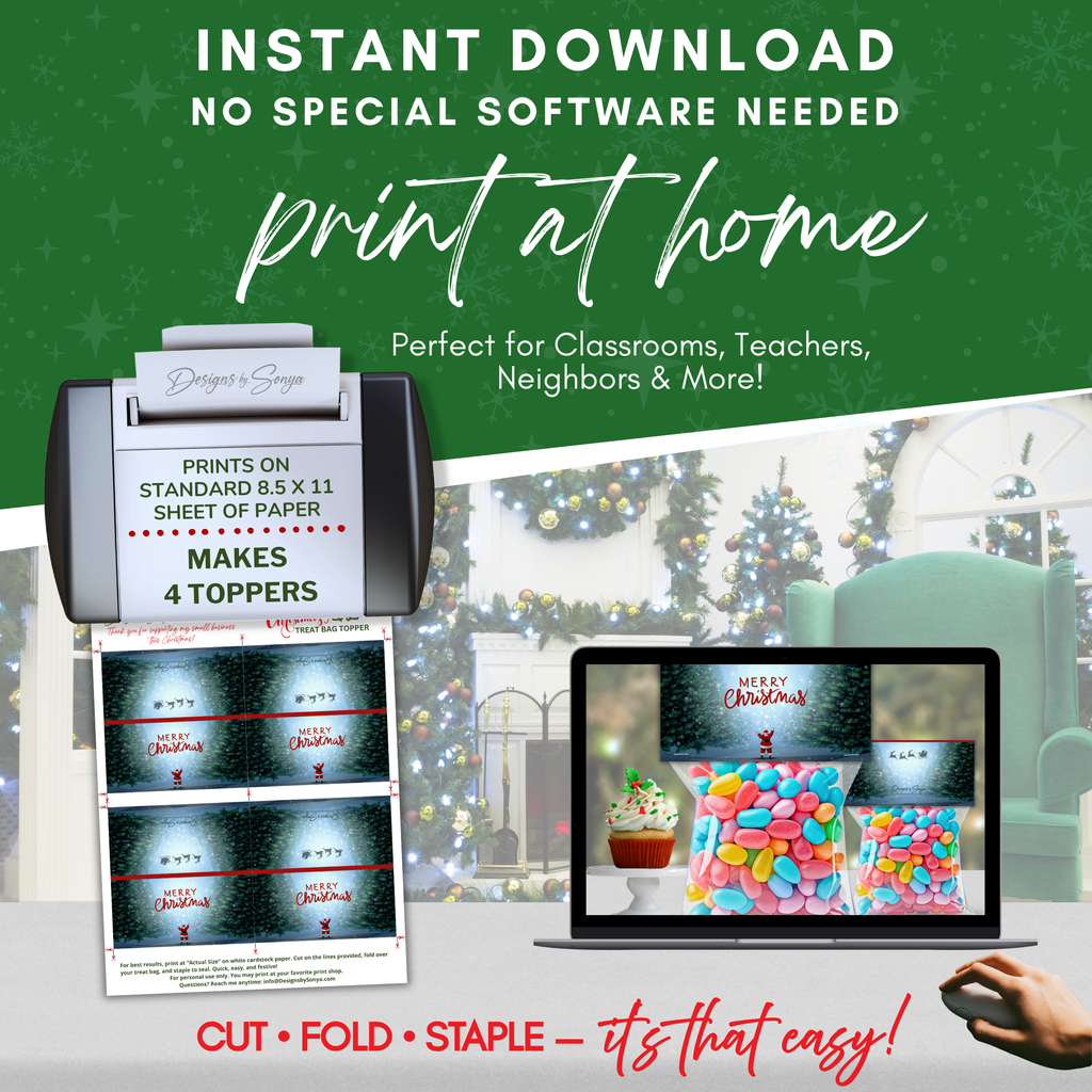 Printable Treat Bag Topper Print at Home
Instructional display showing 8.5x11 sheet with four toppers, printer, and computer screen. Emphasizes instant download, print at home, and easy assembly.