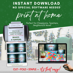 Printable Treat Bag Topper Print at Home
Instructional display showing 8.5x11 sheet with four toppers, printer, and computer screen. Emphasizes instant download, print at home, and easy assembly.