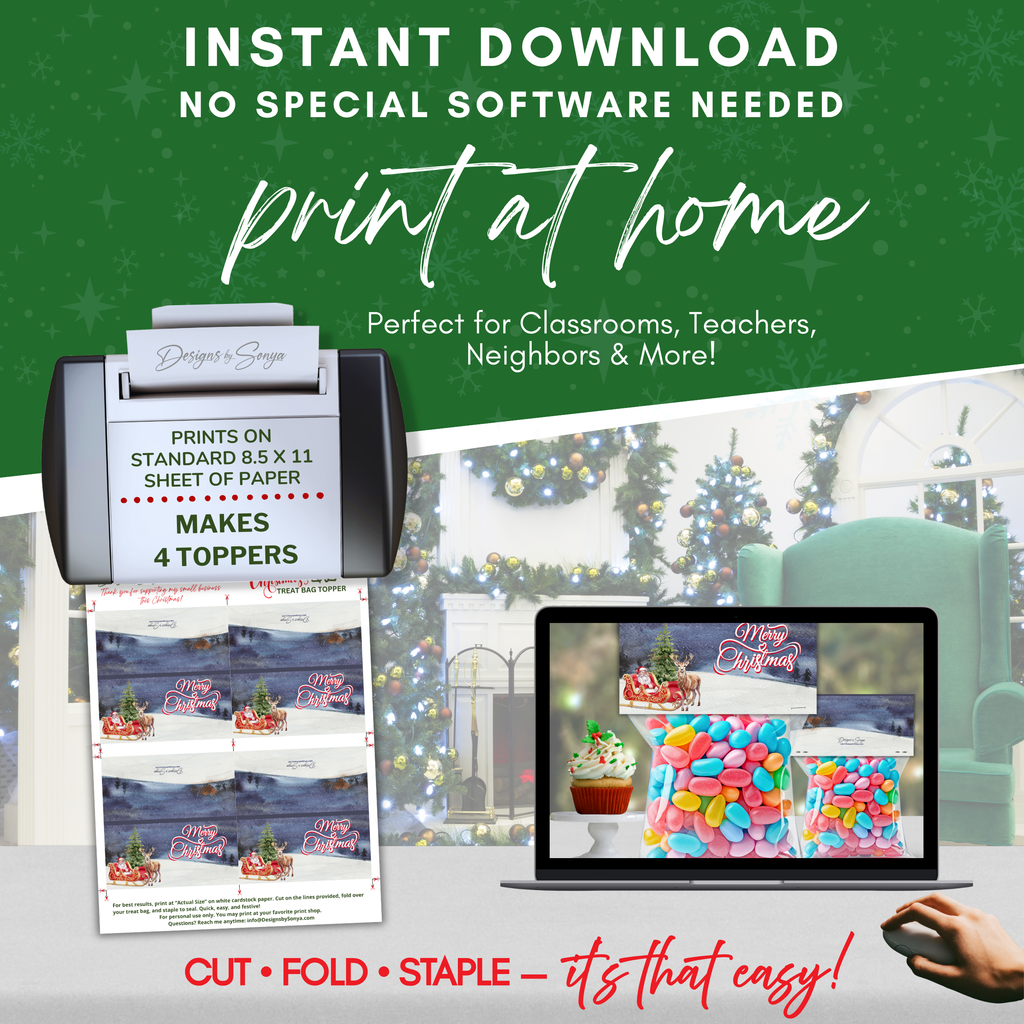 Printable Treat Bag Topper Print at Home
Instructional display showing 8.5x11 sheet with four toppers, printer, and computer screen. Emphasizes instant download, print at home, and easy assembly.