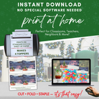 Printable Treat Bag Topper Print at Home
Instructional display showing 8.5x11 sheet with four toppers, printer, and computer screen. Emphasizes instant download, print at home, and easy assembly.