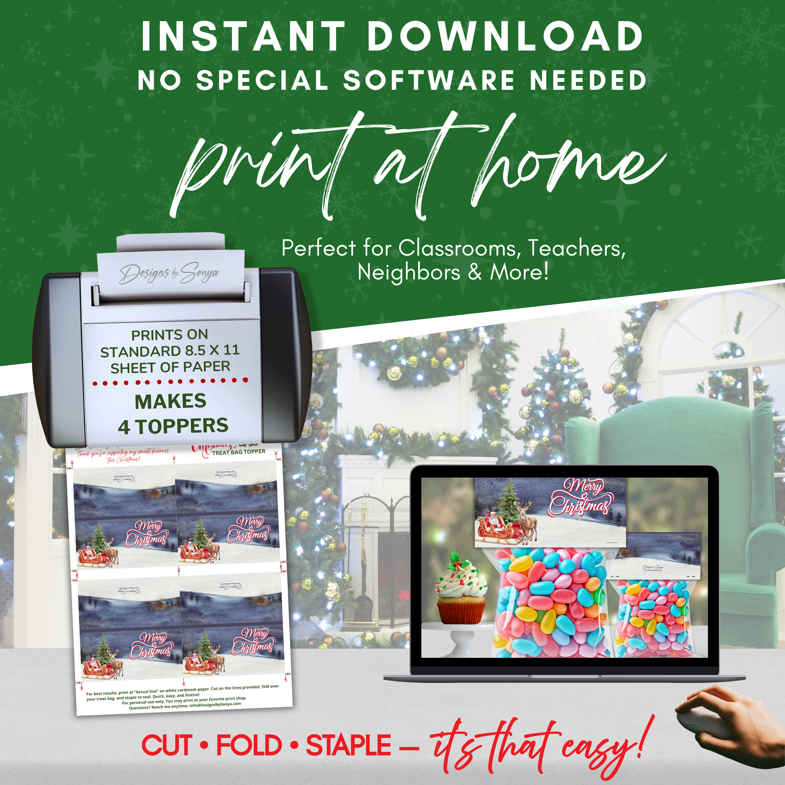 Printable Treat Bag Topper Print at Home
Instructional display showing 8.5x11 sheet with four toppers, printer, and computer screen. Emphasizes instant download, print at home, and easy assembly.