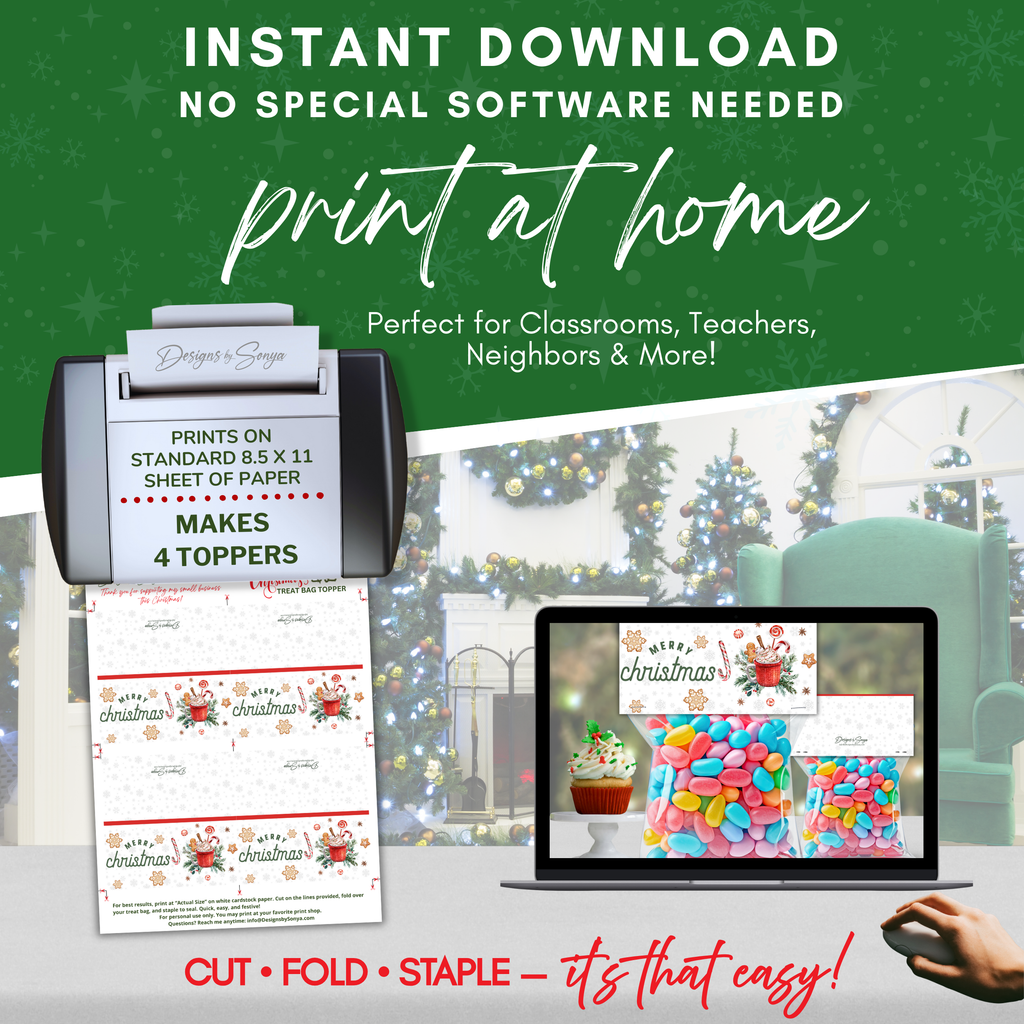 Print at Home Overview
Instructional graphic showing four toppers per 8.5x11 sheet; mockup includes printer and laptop; easy cut, fold, and staple process.