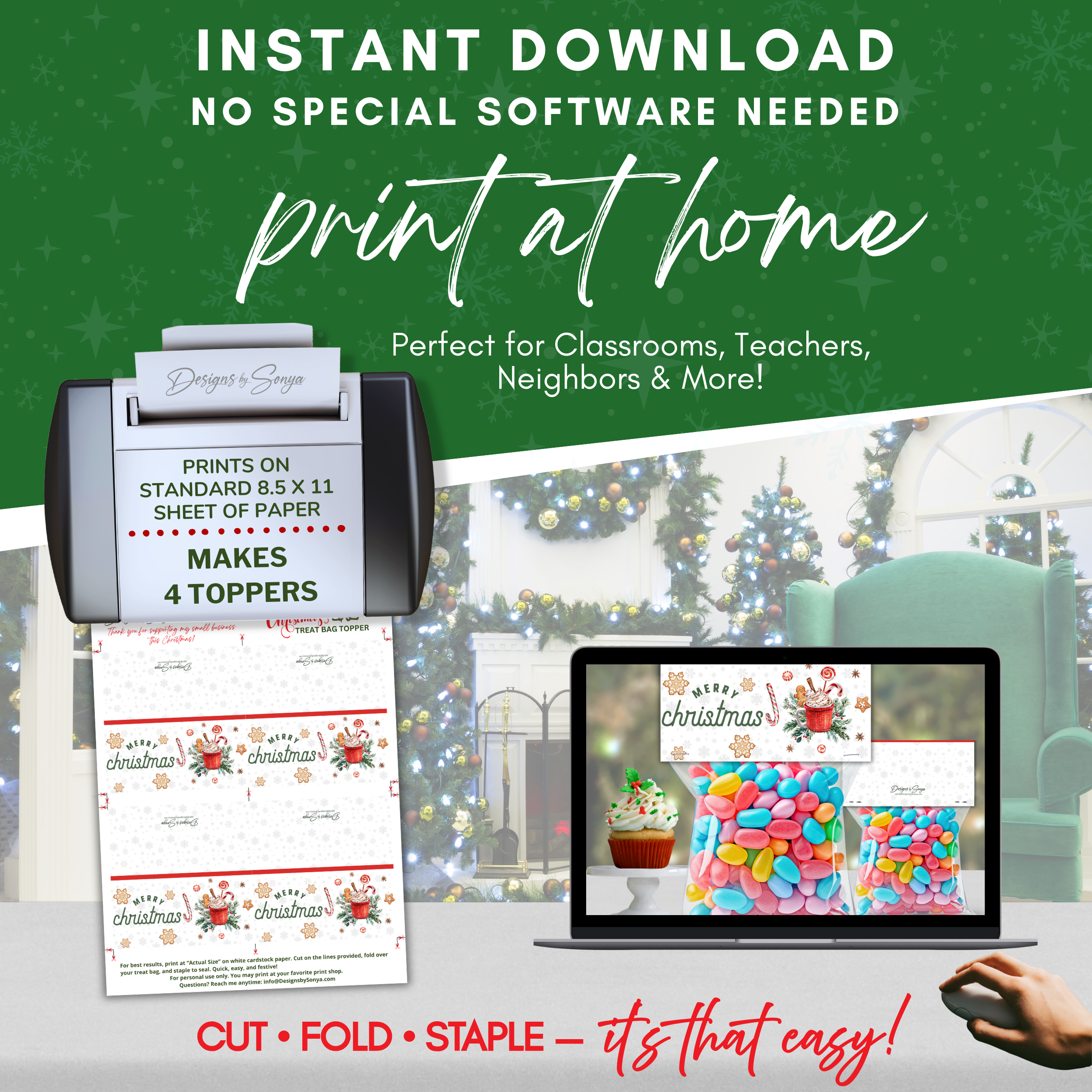 Print at Home Overview
Instructional graphic showing four toppers per 8.5x11 sheet; mockup includes printer and laptop; easy cut, fold, and staple process.