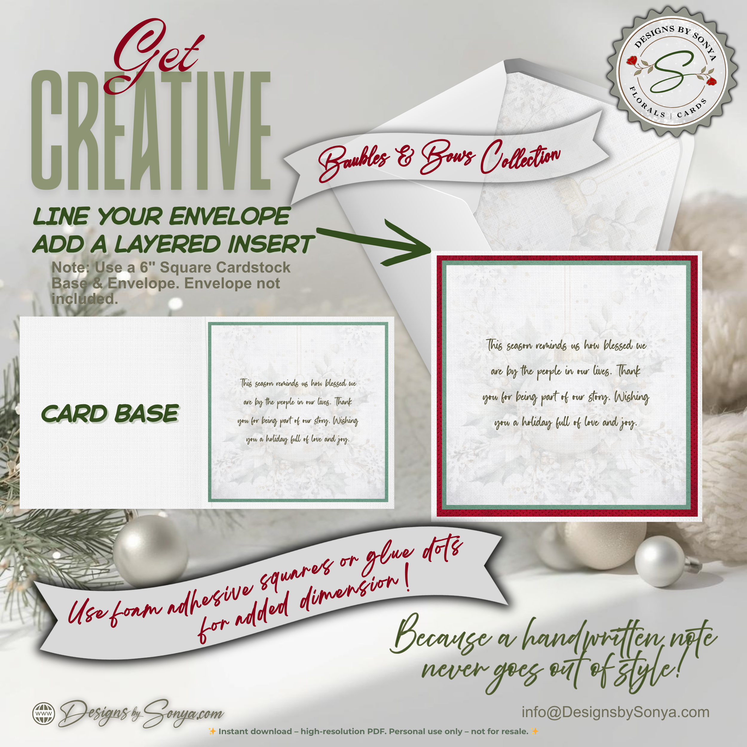 Printable Christmas Card – Watercolor Ornament with Red Bow, Holiday Greeting Card for Friends, Neighbors, Teachers, Coworkers, Family, Ministries