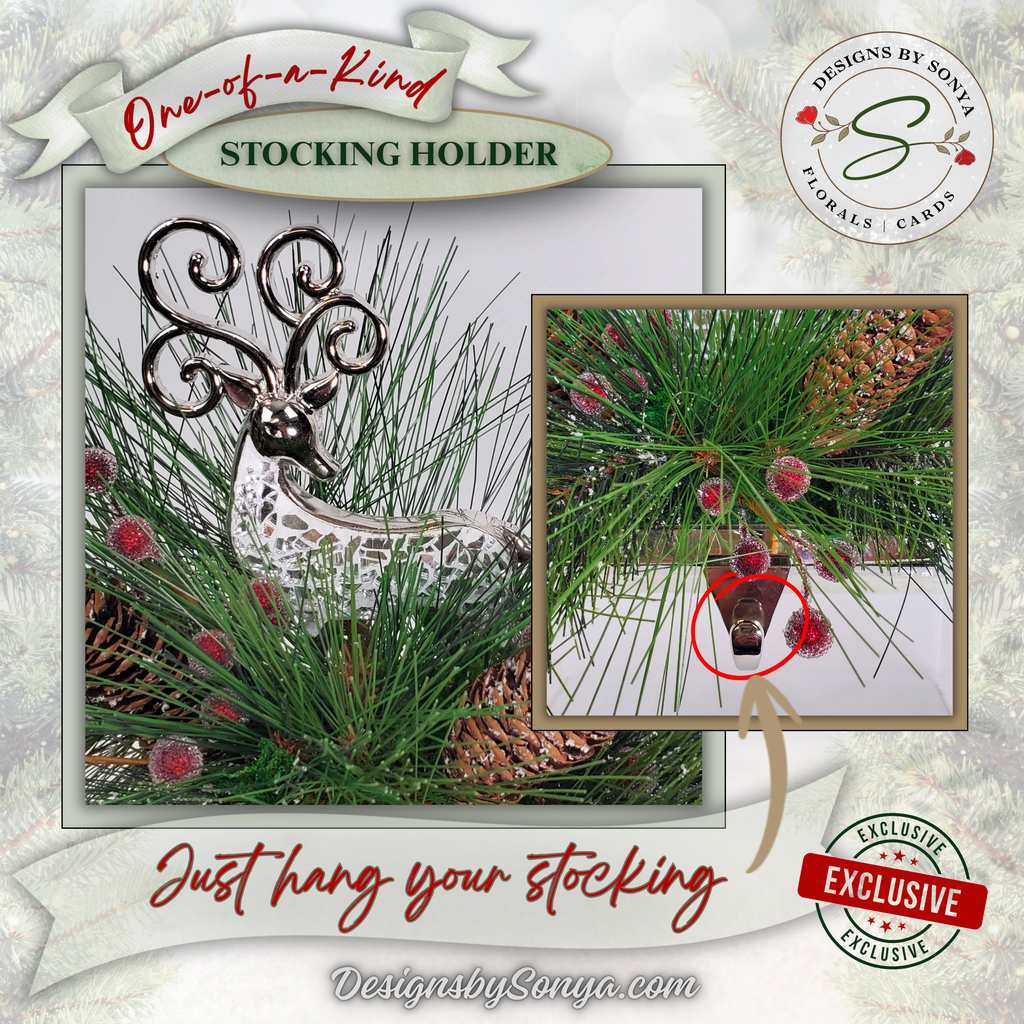 Reindeer Stocking Holder Hook Closeup
Zoomed-in image of the hidden metal hook beneath the floral arrangement. Secure and functional design for holding Christmas stockings.