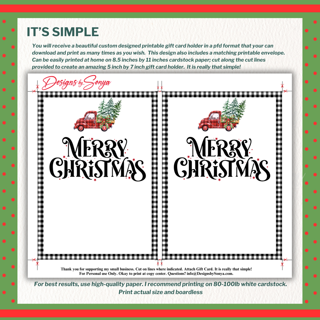 Rustic Red Truck Merry Christmas Gift Card Holder
Digital download gift card holder with red truck, buffalo plaid, and Merry Christmas lettering. Prints two per page on cardstock.