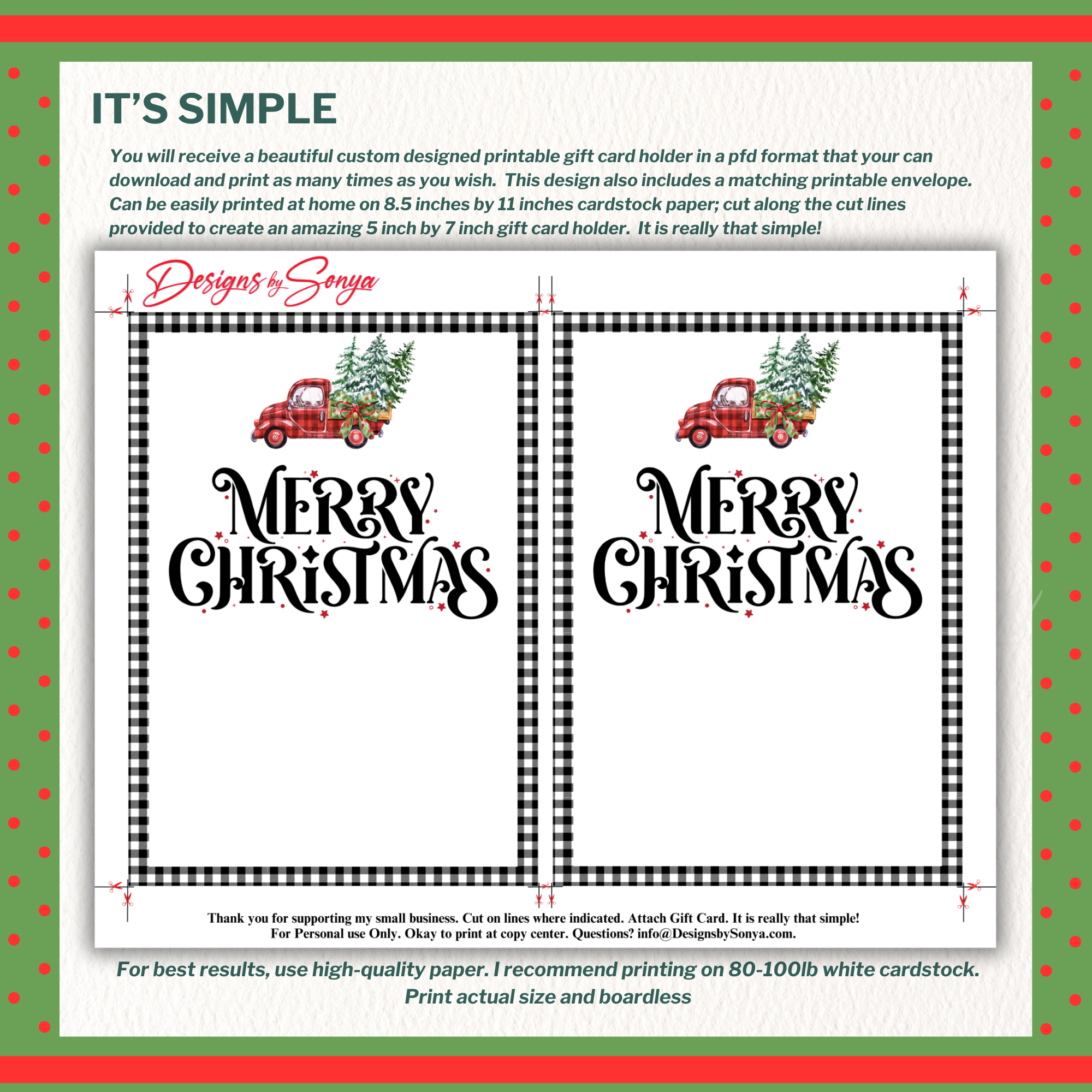 Rustic Red Truck Merry Christmas Gift Card Holder
Digital download gift card holder with red truck, buffalo plaid, and Merry Christmas lettering. Prints two per page on cardstock.