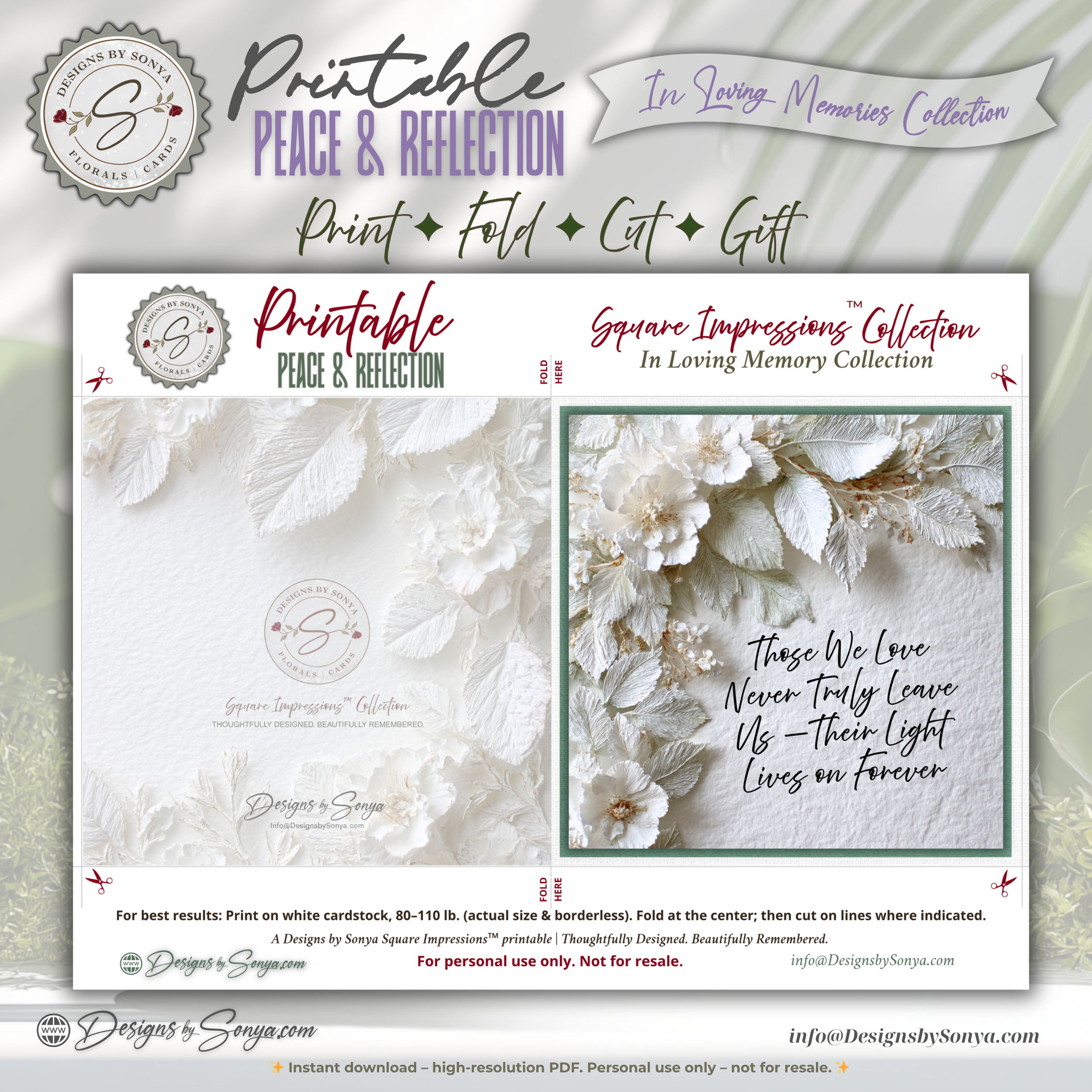 Printable Sympathy Card • In Loving Memory • Square Format 5.5” Card • Bonus Envelope Liner • Custom Message Insert • Instant Download PDF