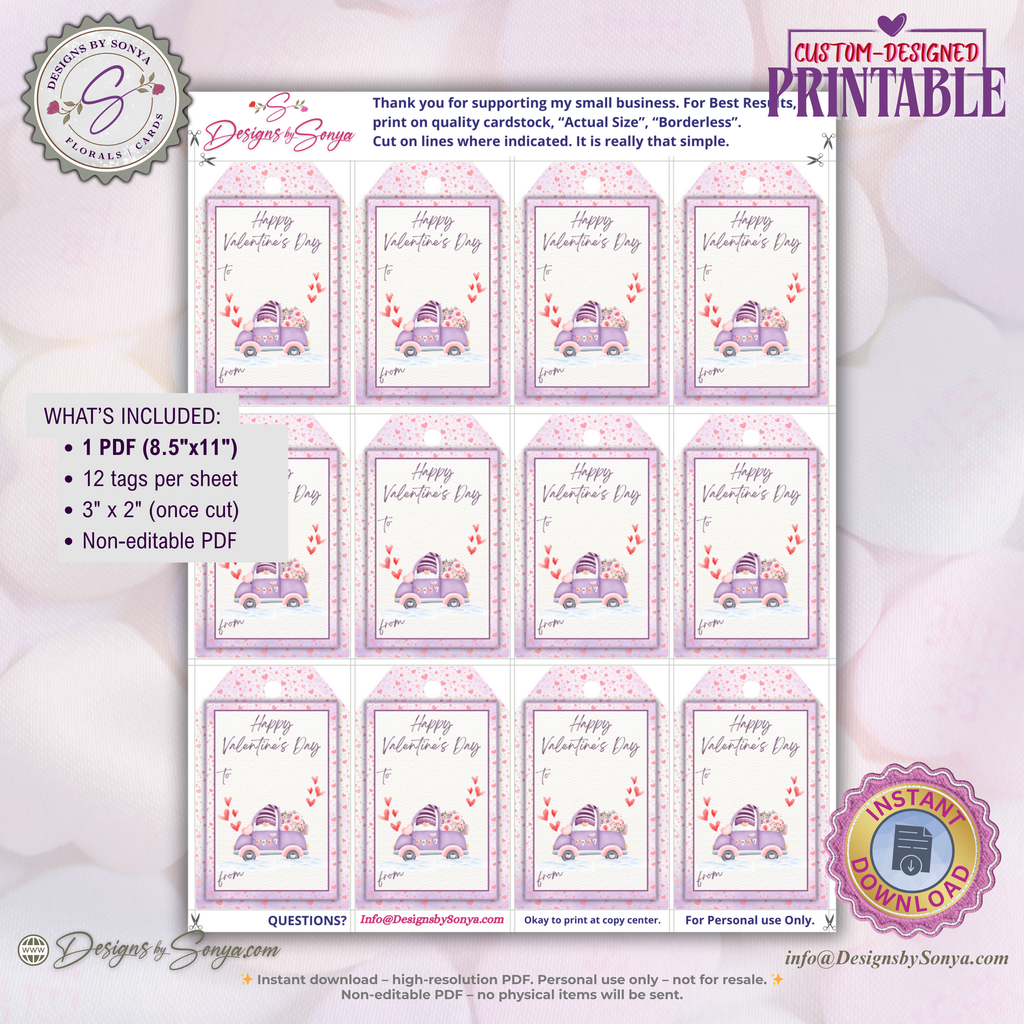 Valentine’s Day Printable Gift Tag – Cute Purple Car & Hearts – 2x3 Treat Bag Tag for Classroom Gifts, Teachers, Kids, Neighbors, DIY Valentine
