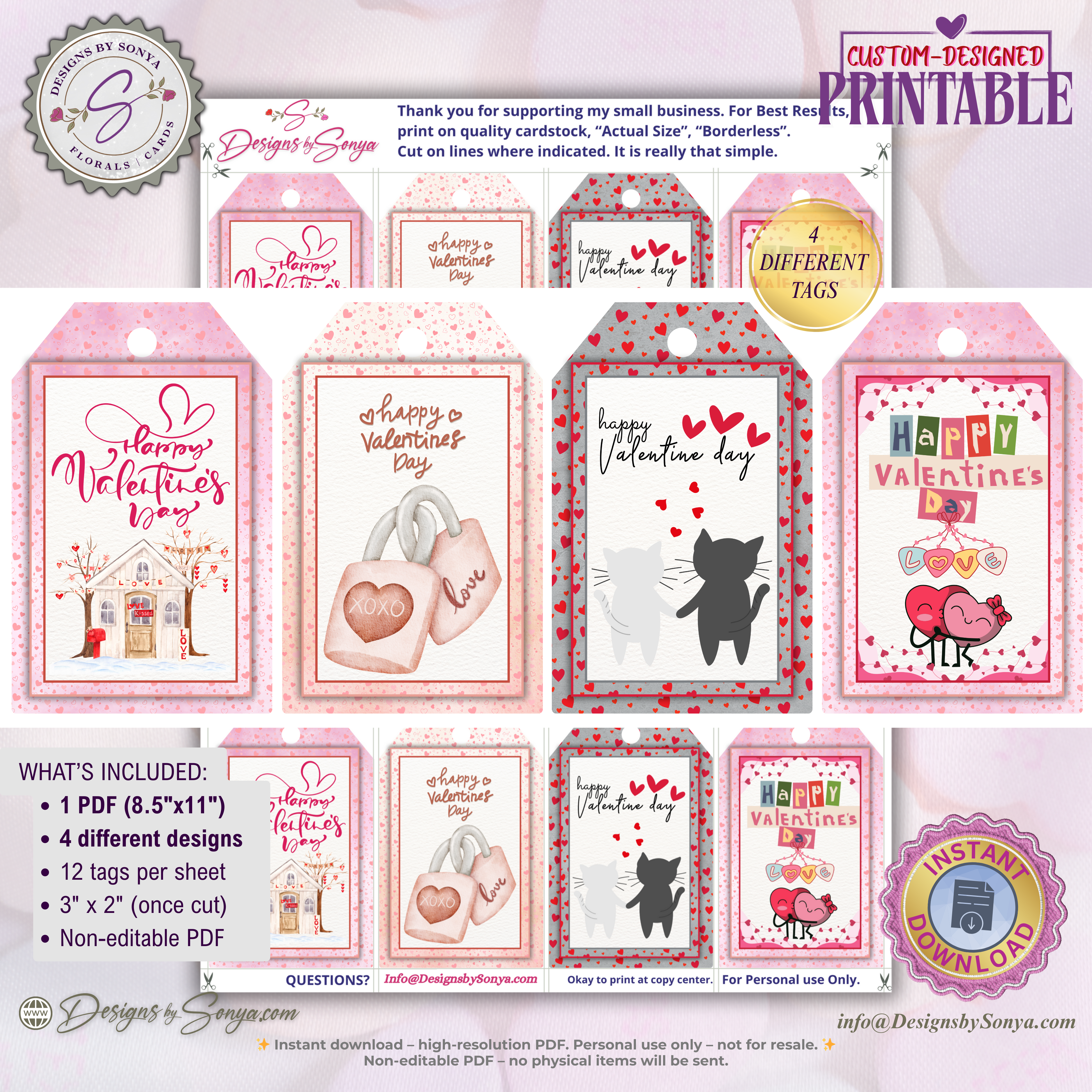 Valentine Printable Tags – 4 Designs – 2x3 Gift Tags for Treat Bags, Classroom Valentines, DIY Party Favors, Teachers, School, XOXO Hearts