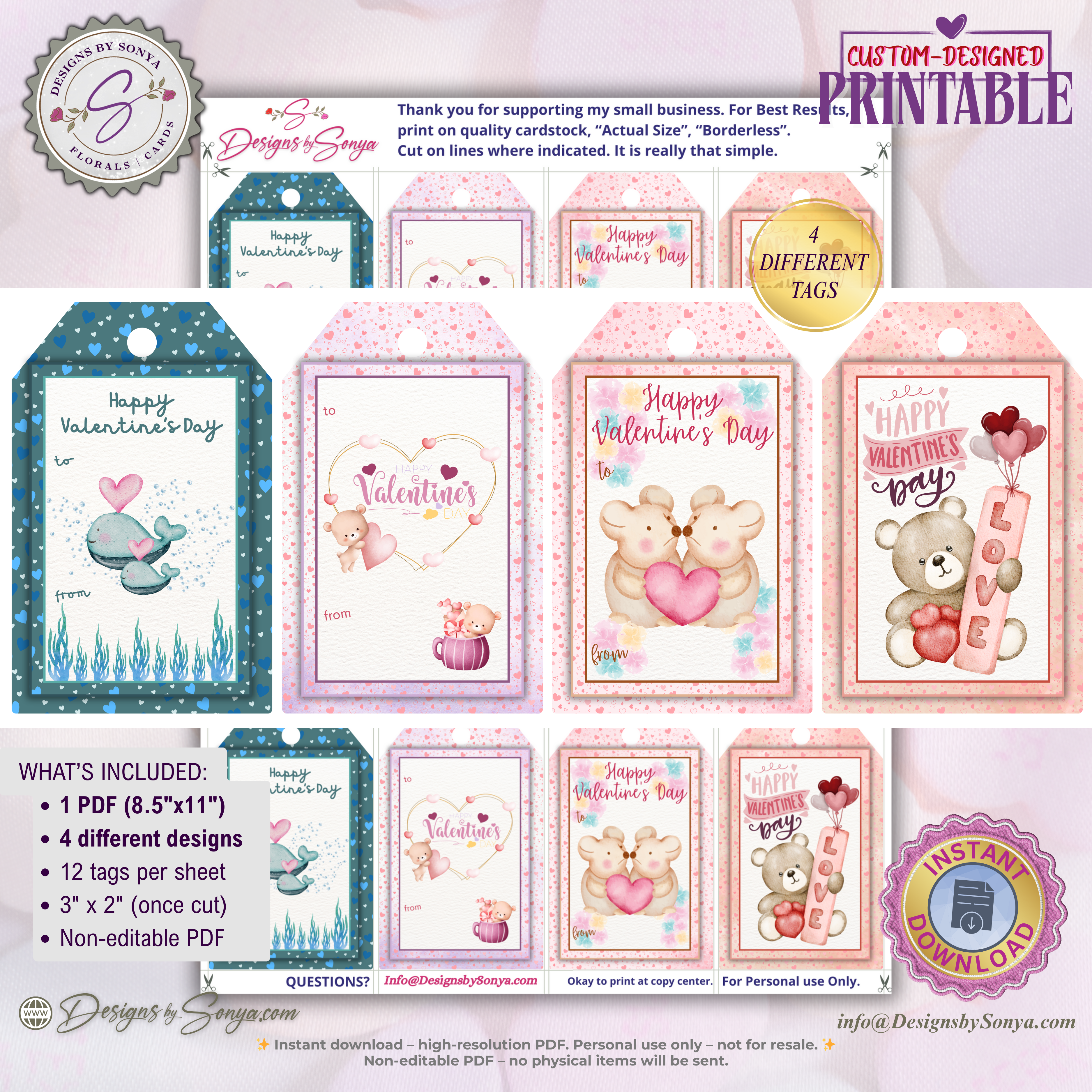 Valentine Printable Gift Tags – 4 Cute Designs for Classroom Favors, Treat Bags & Classroom Gifts – 2x3 Tags Instant Download PDF