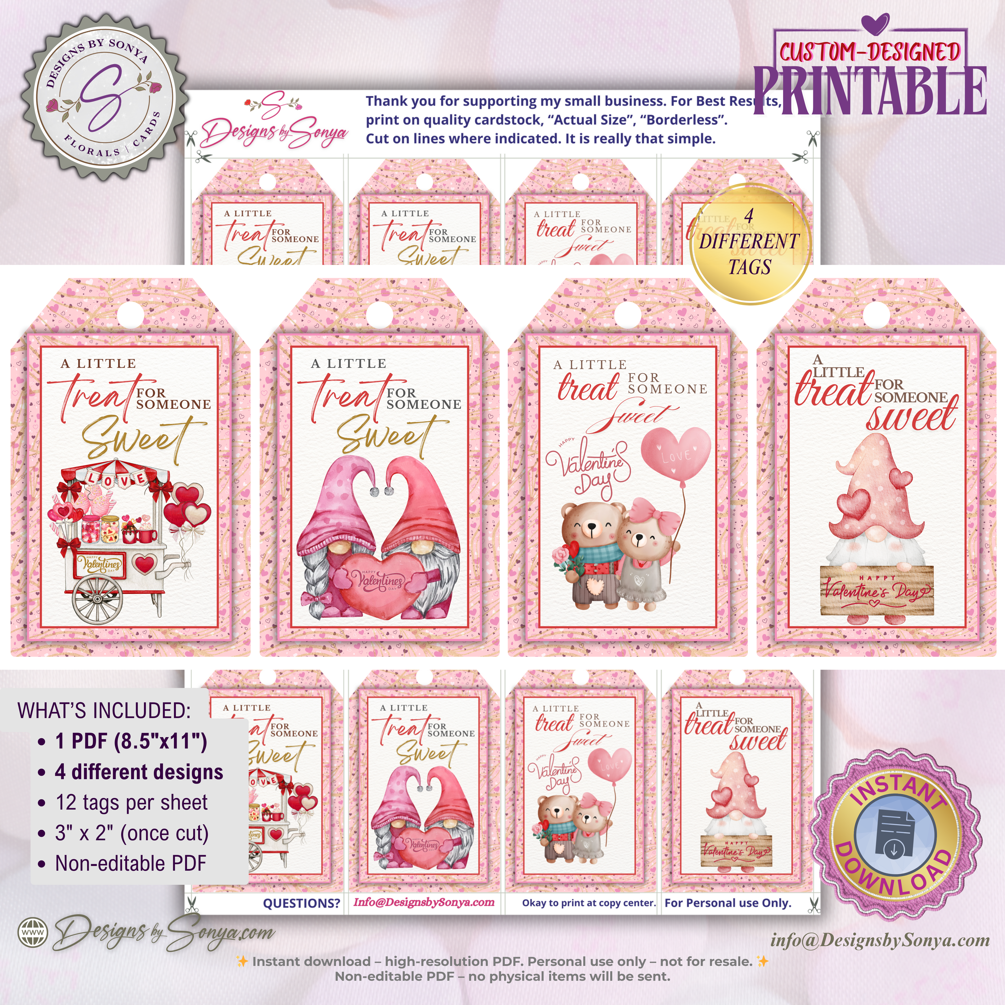 Valentine Printable Tags – Gnome Treat Tags – 4 Custom 2x3 Gift Tags for Classroom Valentines, Teachers, Party Favors, Cute DIY Candy Bags