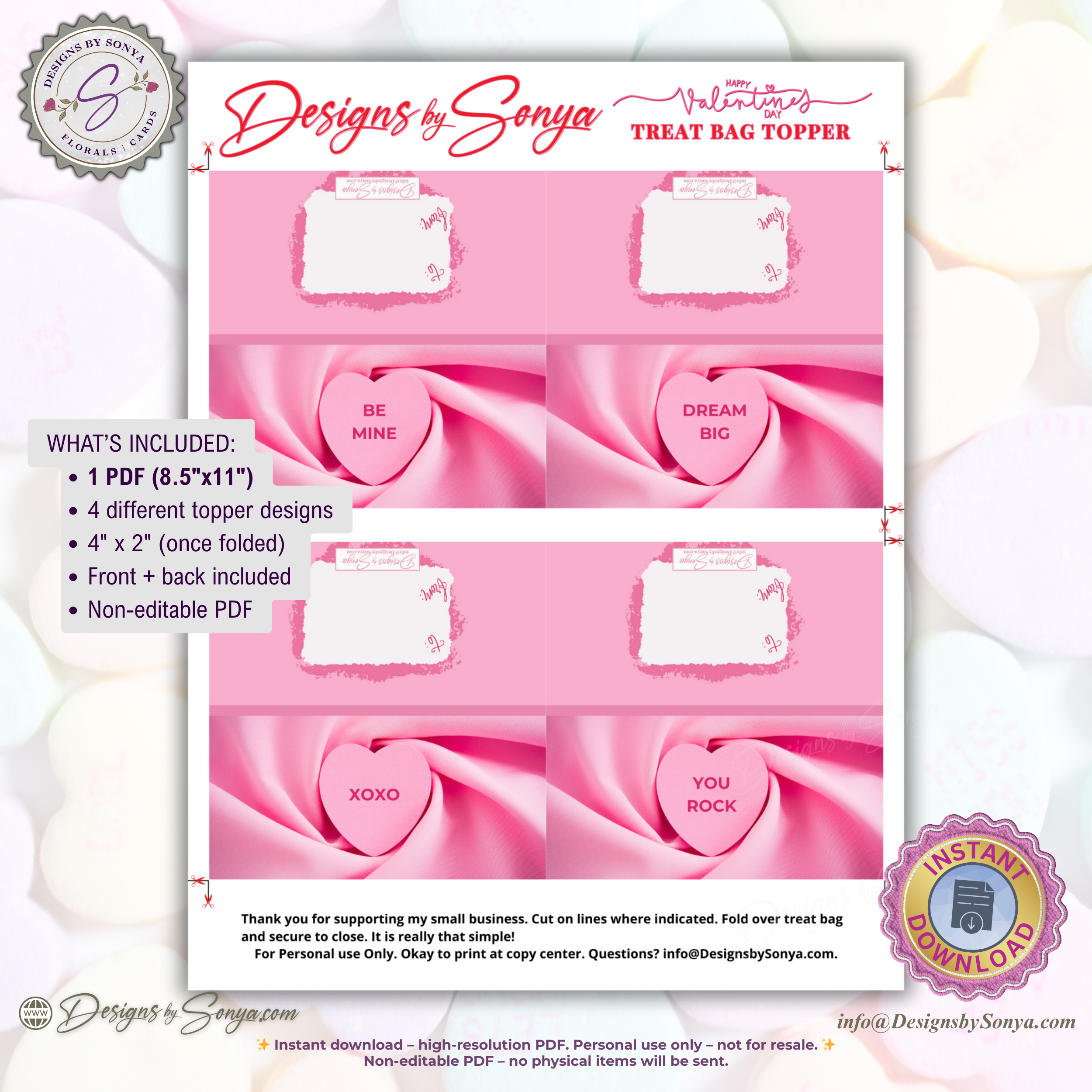 Valentine Treat Bag Toppers Printable – Set of 4 Candy Heart Designs – 4x2 Folded Labels for Classroom, Kids, Party Favors