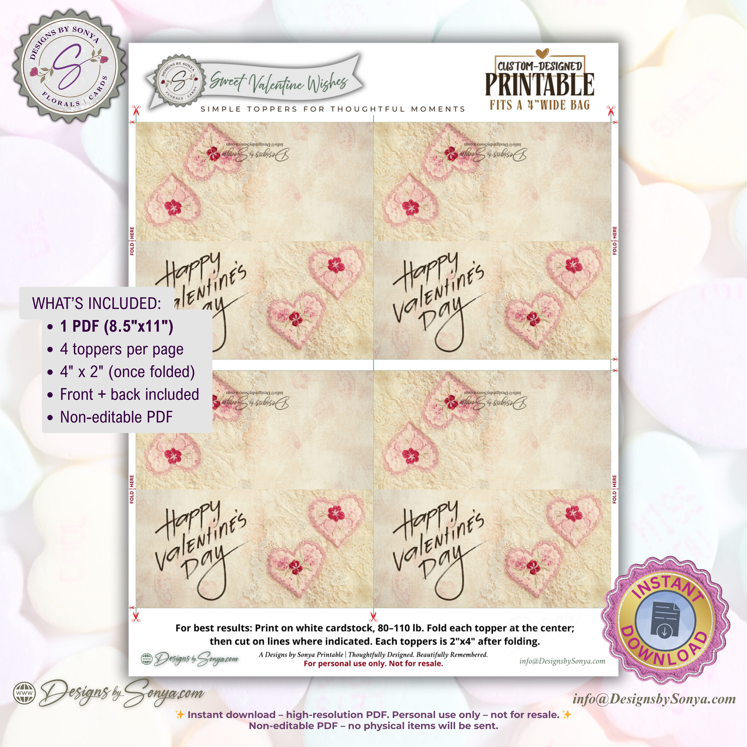 Vintage Valentine Printable Treat Bag Topper – Happy Valentine’s Day Candy Bag Topper for Classroom Treats, Teachers & Neighbors – 4"x2" Folded