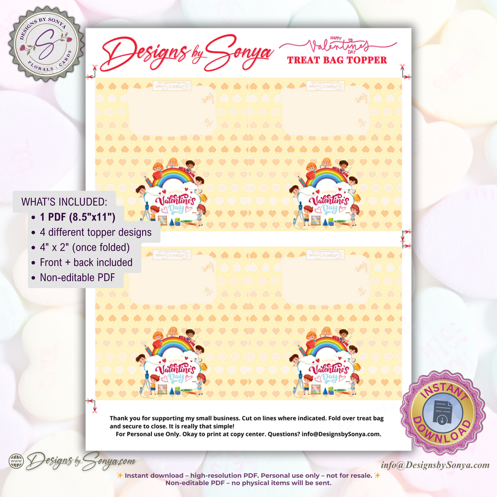 Printable Valentine’s Day Treat Bag Topper – Rainbow Kids Design – DIY Classroom Candy Bag Label for Teachers, Students & Party Favors