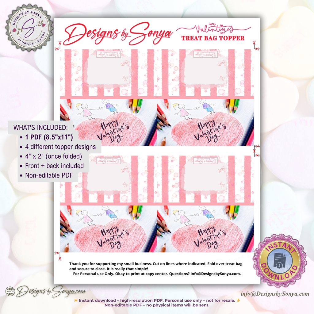 Kids Valentine Treat Bag Topper Printable – Crayon Heart Classroom Favor – 4x2" DIY Snack Bag Label for School Parties & Teachers Gift