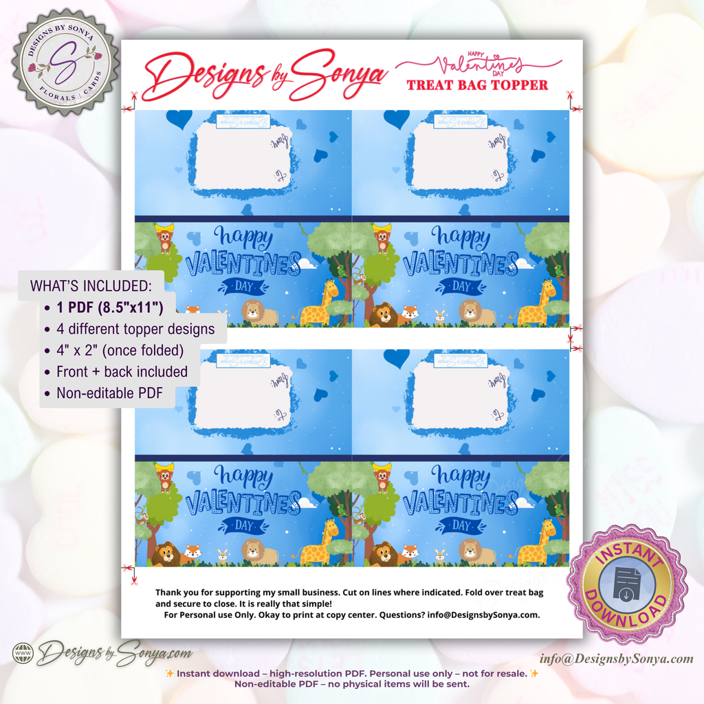 Safari Animals Valentine Treat Bag Topper Printable – Cute Classroom DIY Snack Bag Label – Kids Valentine Party Favor for Teachers & Students
