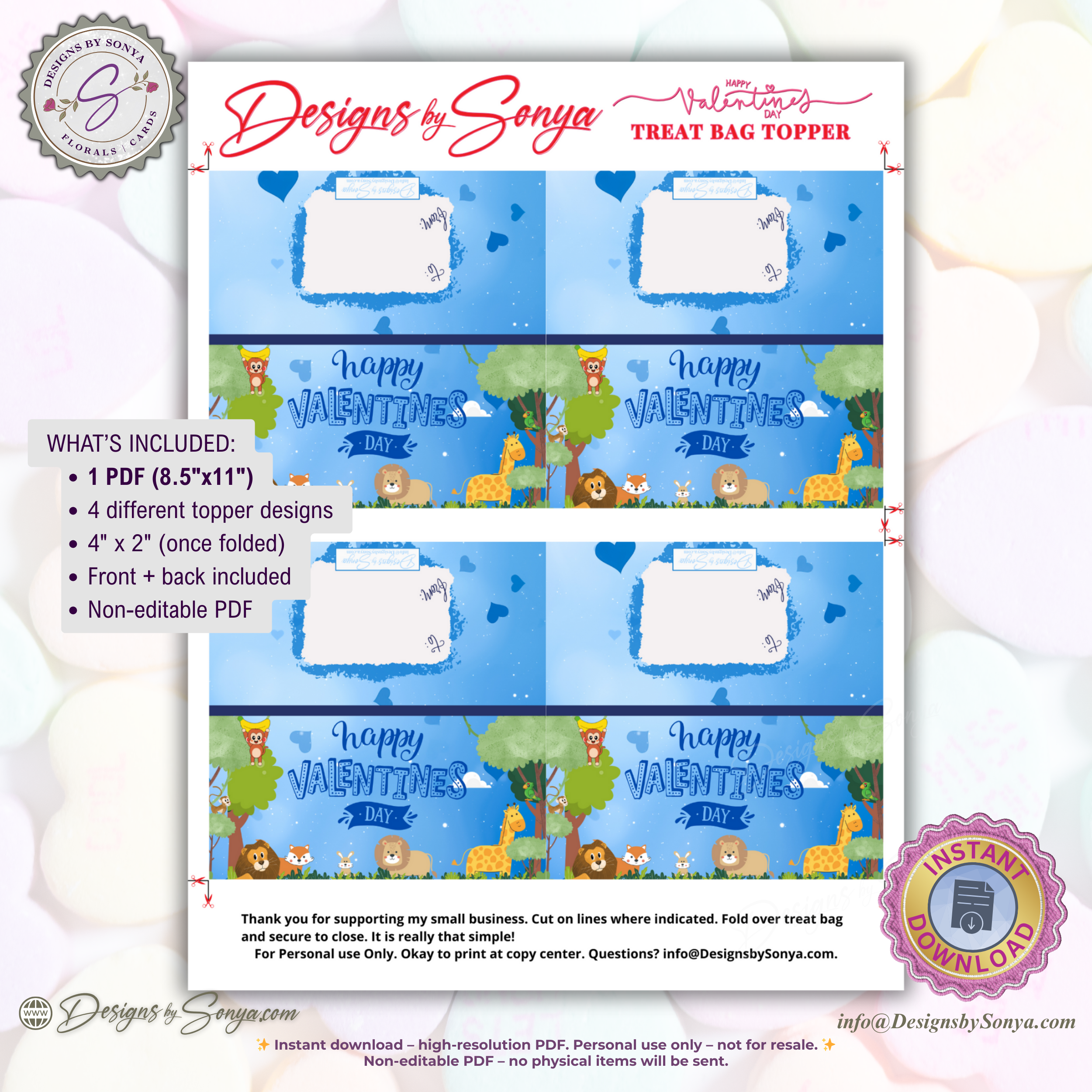 Safari Animals Valentine Treat Bag Topper Printable – Cute Classroom DIY Snack Bag Label – Kids Valentine Party Favor for Teachers & Students