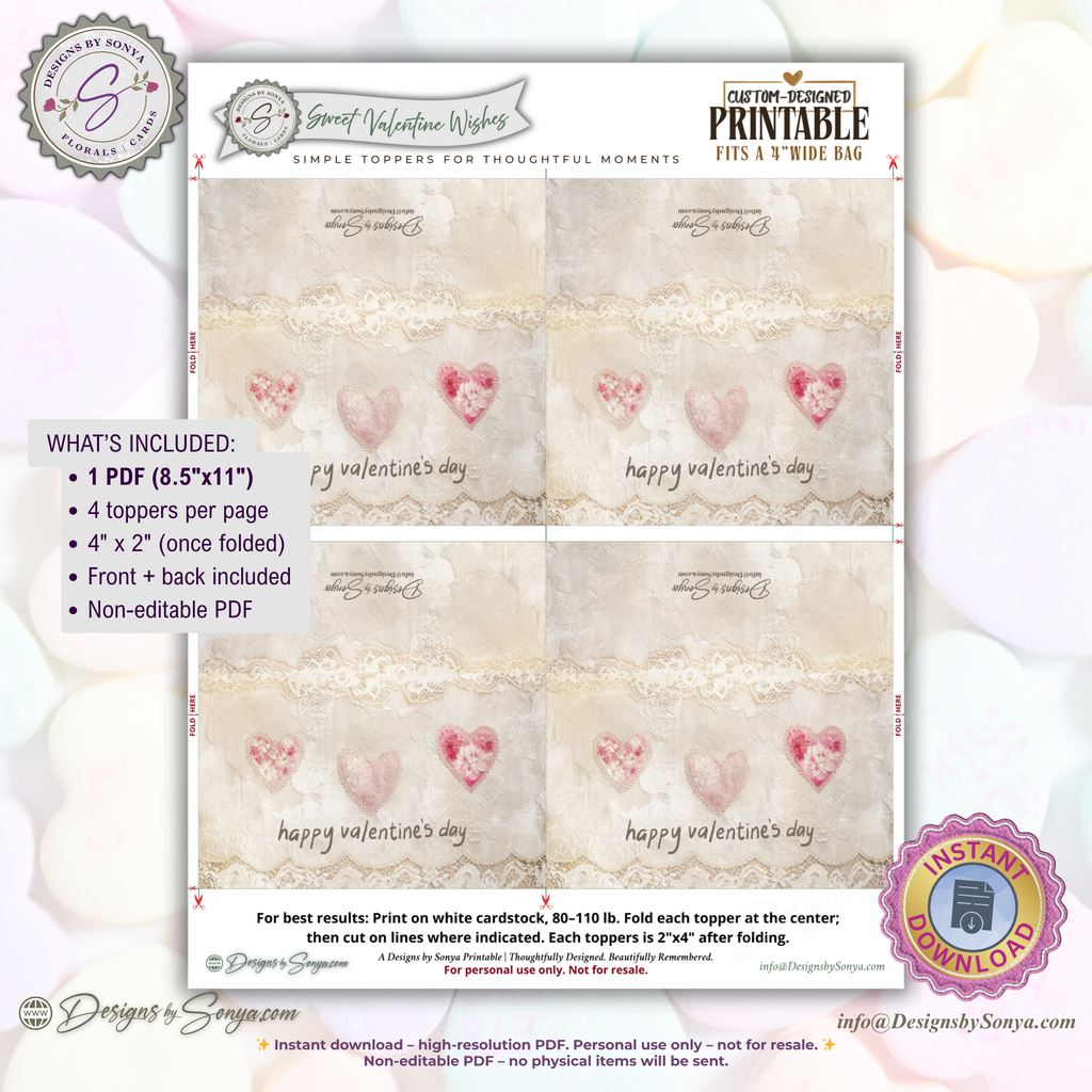 Vintage Hearts & Lace Printable Valentine Candy Treat Bag Topper – Classroom Party Favors, Teachers, Friends,  Neighbors – 4"x2" Folded