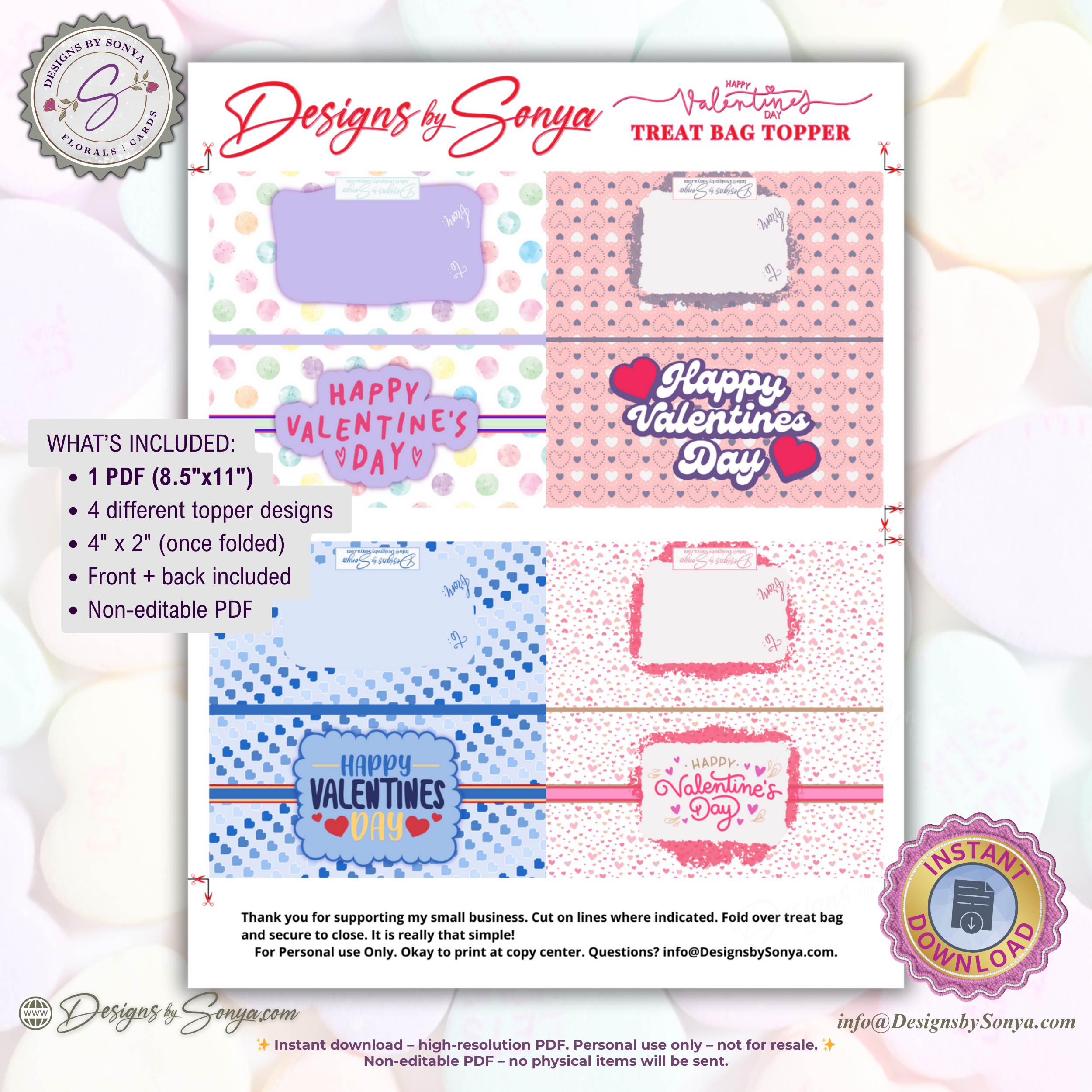 Printable Valentine’s Day Treat Bag Toppers – Set of 4 Cute Classroom Party Favor Labels – DIY Candy Gift Tags for Kids, Teachers & Friends