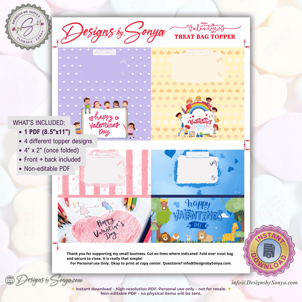 Kids Valentine’s Day Treat Bag Toppers – Printable Classroom Party Favor Set of 4 – Cute Children’s Candy Bag Labels – 4"x2" Folded Topper PDF
