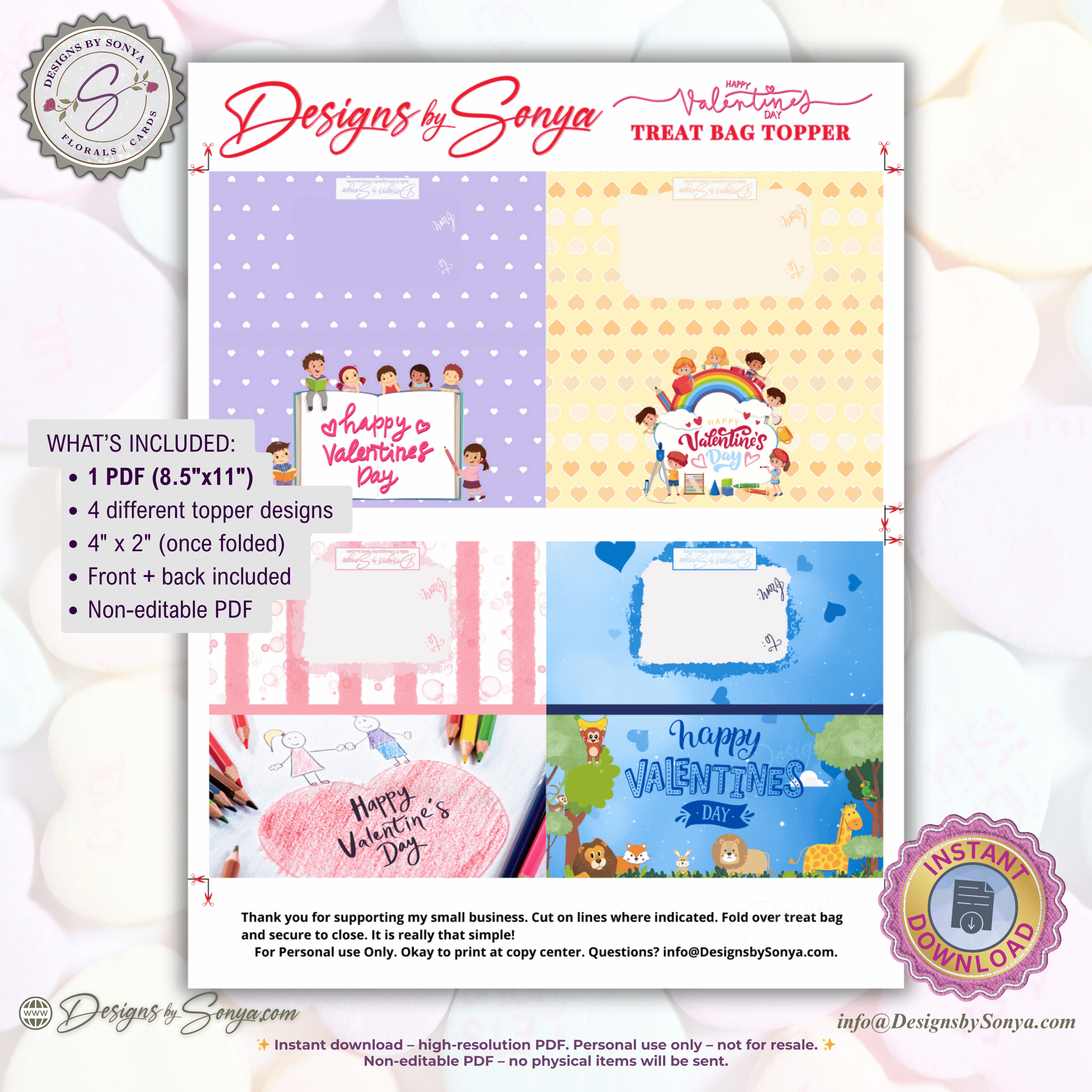 Kids Valentine’s Day Treat Bag Toppers – Printable Classroom Party Favor Set of 4 – Cute Children’s Candy Bag Labels – 4"x2" Folded Topper PDF