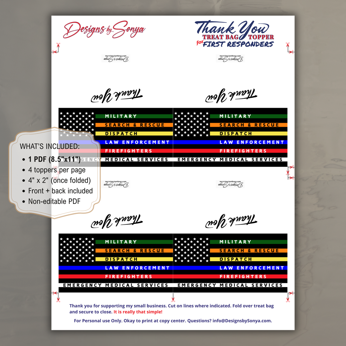 First Responder Flag Thank You Treat Bag Topper | Military, Firefighter, EMS, Police, Dispatch | Printable Appreciation Gift