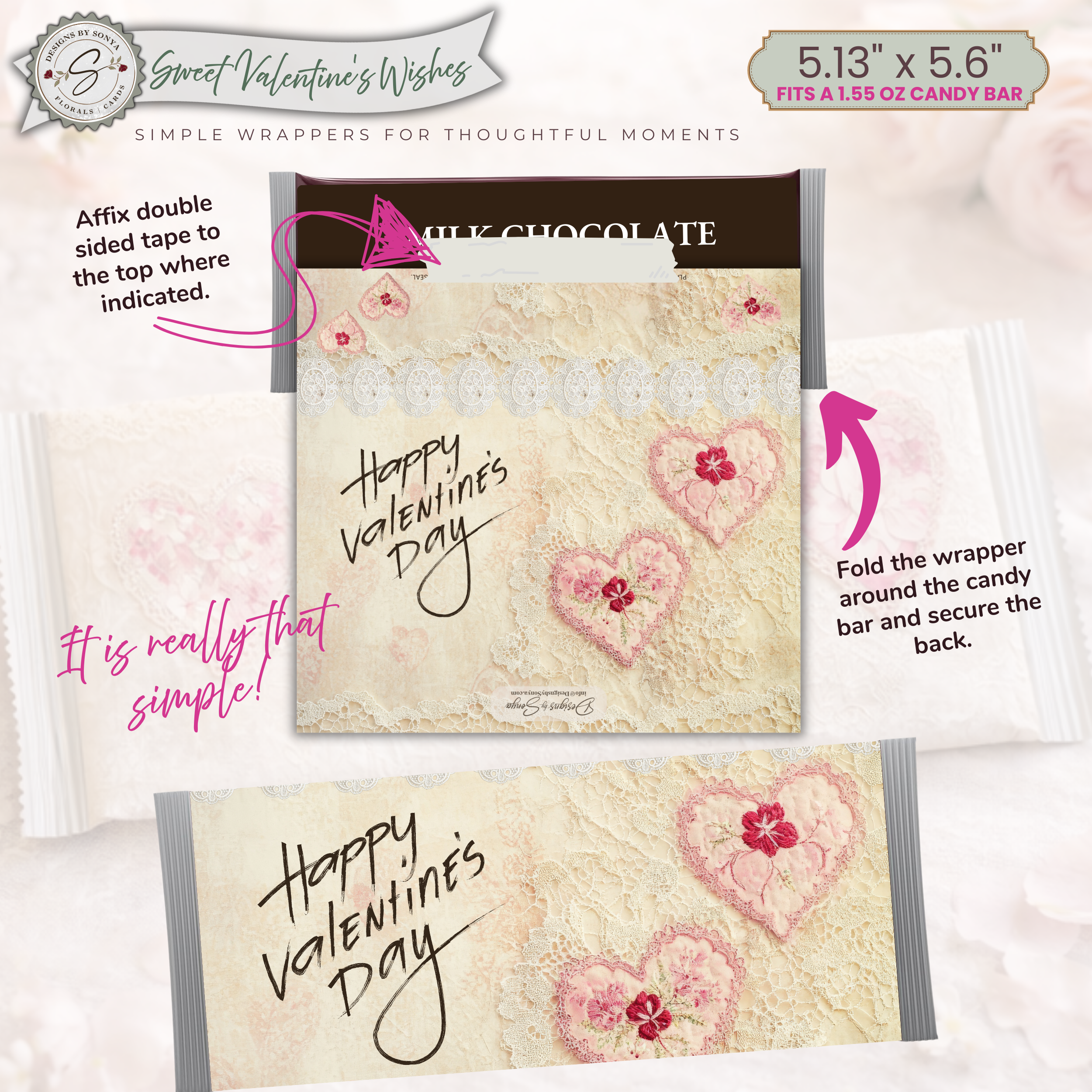 Valentine Candy Bar Wrapper Printable - Vintage Lace Heart Floral Chocolate Wrapper for 1.55 oz Candy Bar – Classroom Valentine Gift Idea