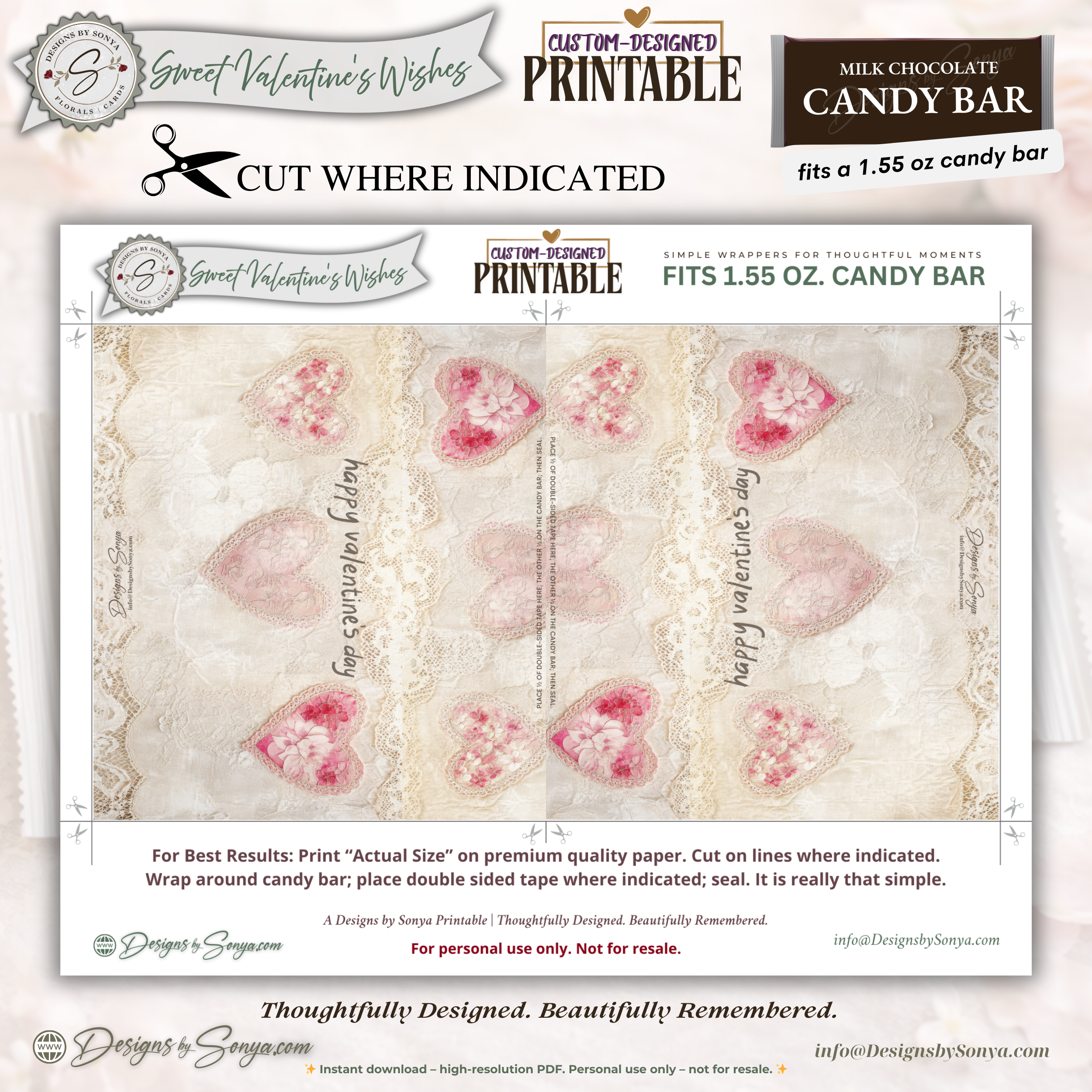 Floral Heart Valentine Chocolate Wrapper Printable – Romantic DIY Treat Wrap for 1.55 oz Candy Bars, Gifts & Party Favors