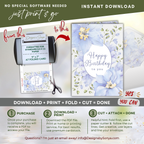 Print, Fold, Cut Guide
Step-by-step visual showing how to print the PDF on 8.5x11 paper, fold to A7 size, trim on cut lines, and assemble the printable birthday card.