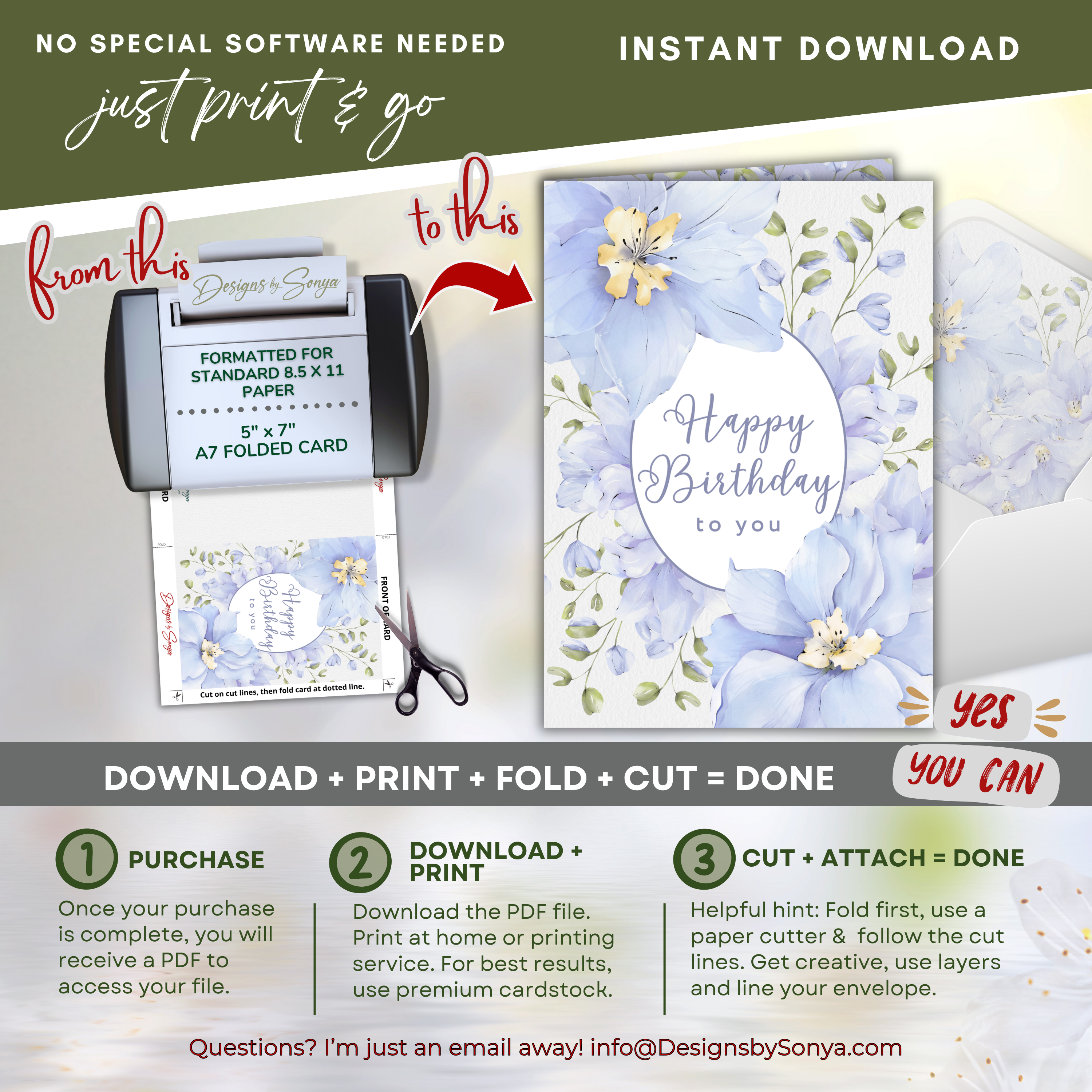 Print, Fold, Cut Guide
Step-by-step visual showing how to print the PDF on 8.5x11 paper, fold to A7 size, trim on cut lines, and assemble the printable birthday card.