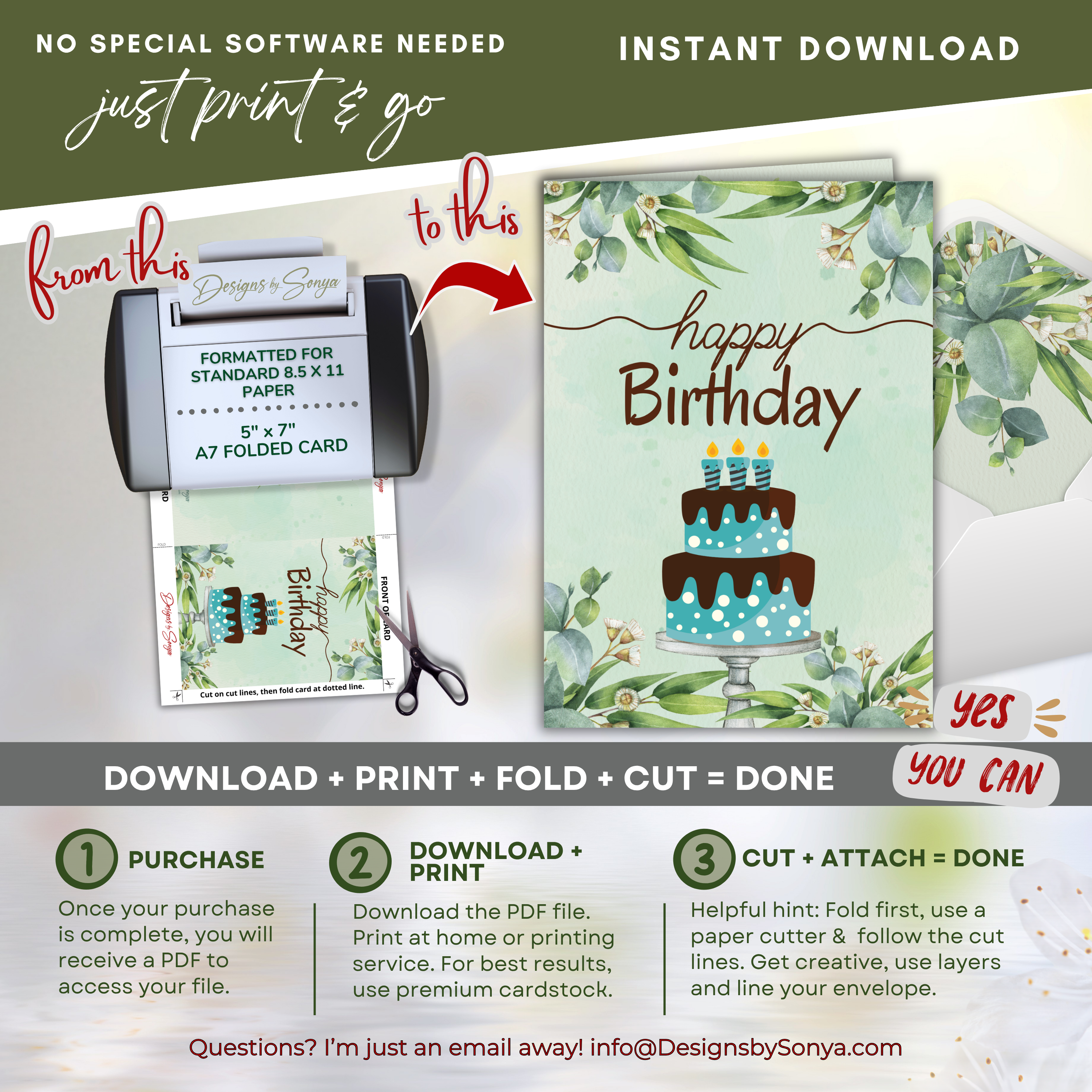 Printable Birthday Card with Cake Design | A7 5x7 Digital Greeting Card | Instant Download DIY Birthday Card with Envelope Liner