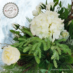 White Winter Floral Arrangement – Custom Designed Christmas Table Décor Centerpiece with Faux Pine, Cedar Greenery and Ivory Roses