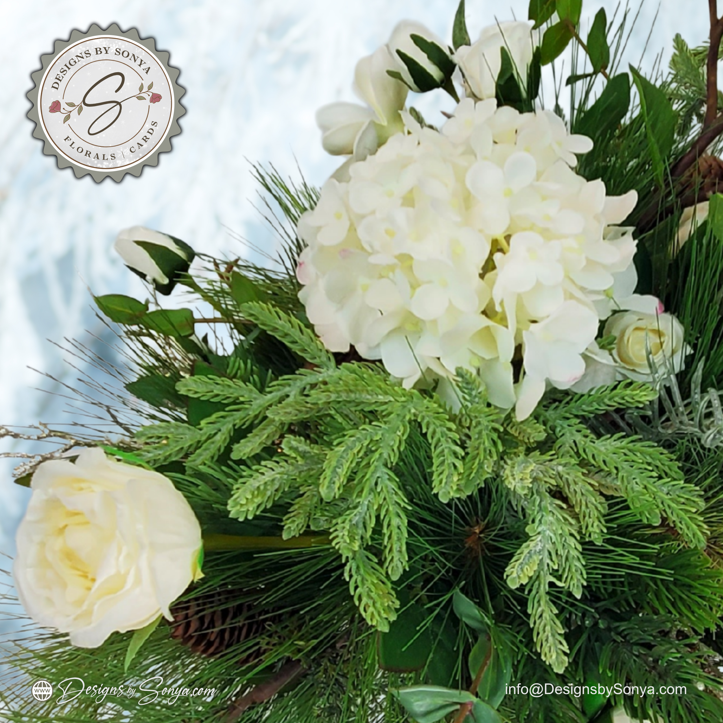 White Winter Floral Arrangement – Custom Designed Christmas Table Décor Centerpiece with Faux Pine, Cedar Greenery and Ivory Roses