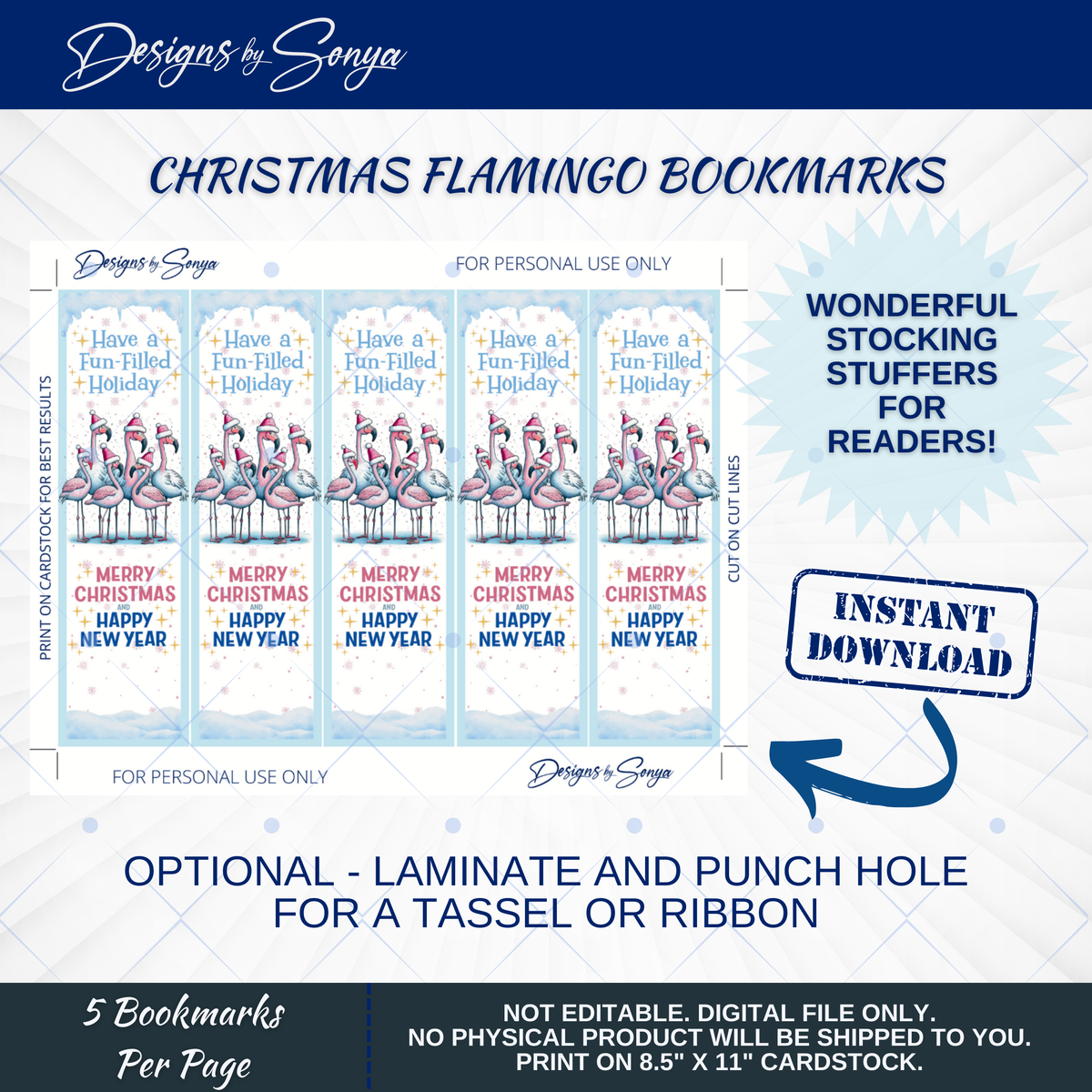 Printable Christmas Bookmarks | Pink Flamingo Holiday Bookmarks | Classroom Gifts, Teacher Gifts & Stocking Stuffers | 2 x 7 PDF