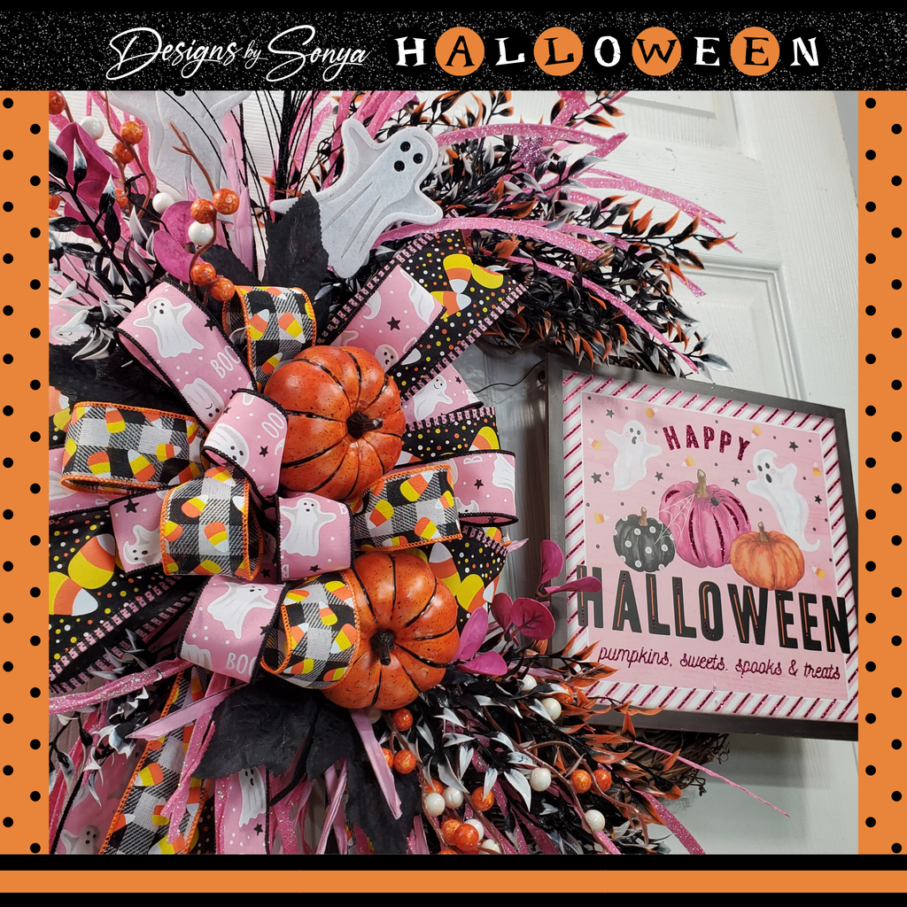 Whimsical Halloween Door Grapevine Wreath | Fun Ghost & Pumpkin Decor | Front Door Wreath | Spooky Entryway Decoration | Pink Door Hanger
