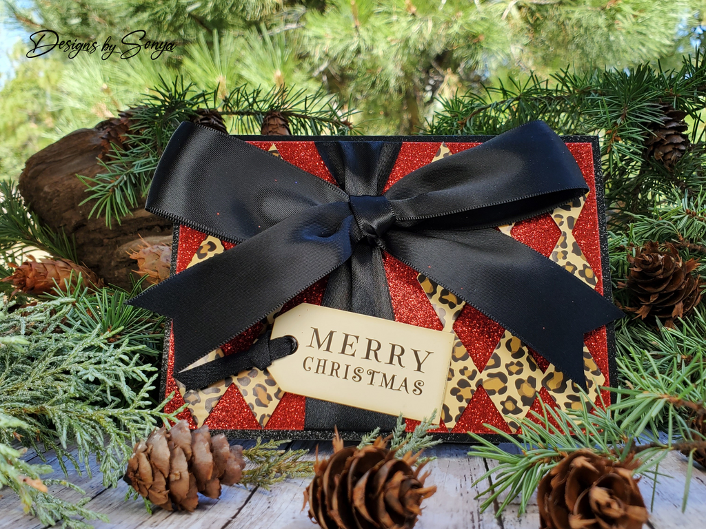 Handcrafted Merry Christmas Card with Red Glitter, Leopard Print, and Black Satin Bow | A2 Holiday Greeting Card, Unique and Elegant Design