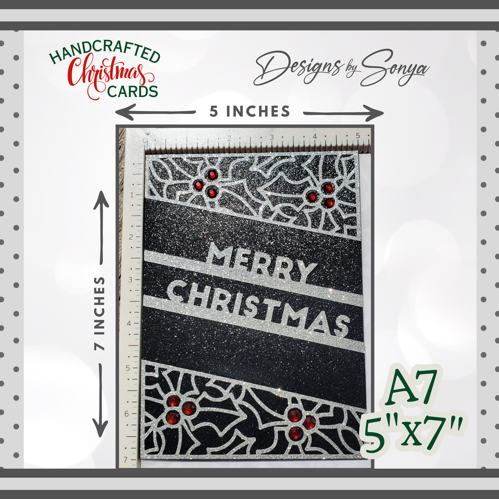 A7 Black & Silver Glitter Merry Christmas Card – Handcrafted 5"x7" Holiday Greeting with Holly Gems, Elegant Keepsake for Gift-Giving
