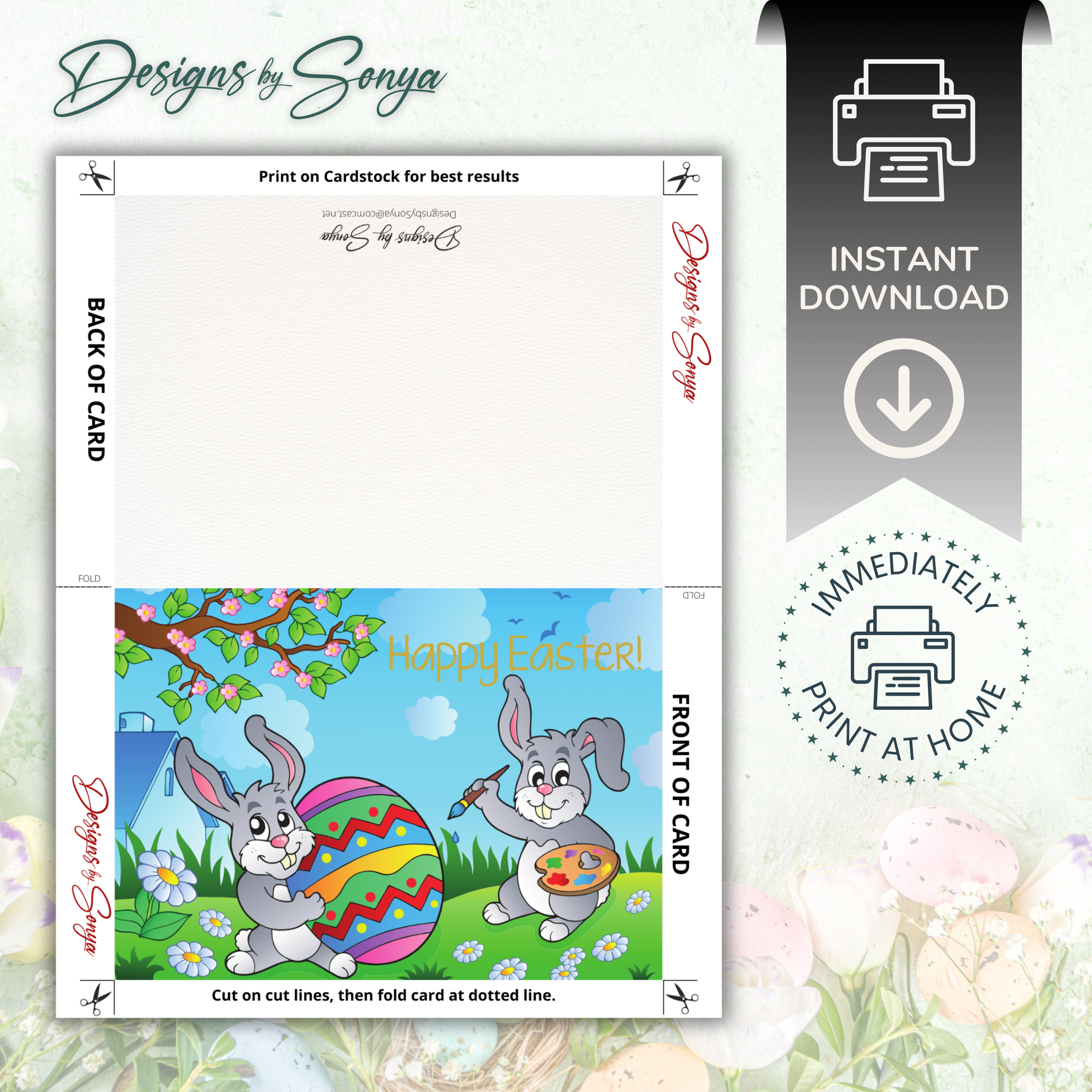 Custom Designed Printable Happy Easter Greeting Card & Envelope for Kids | DIY Digital Download | Holiday Greetings Playful Bunnies Decorating Vibrant Eggs