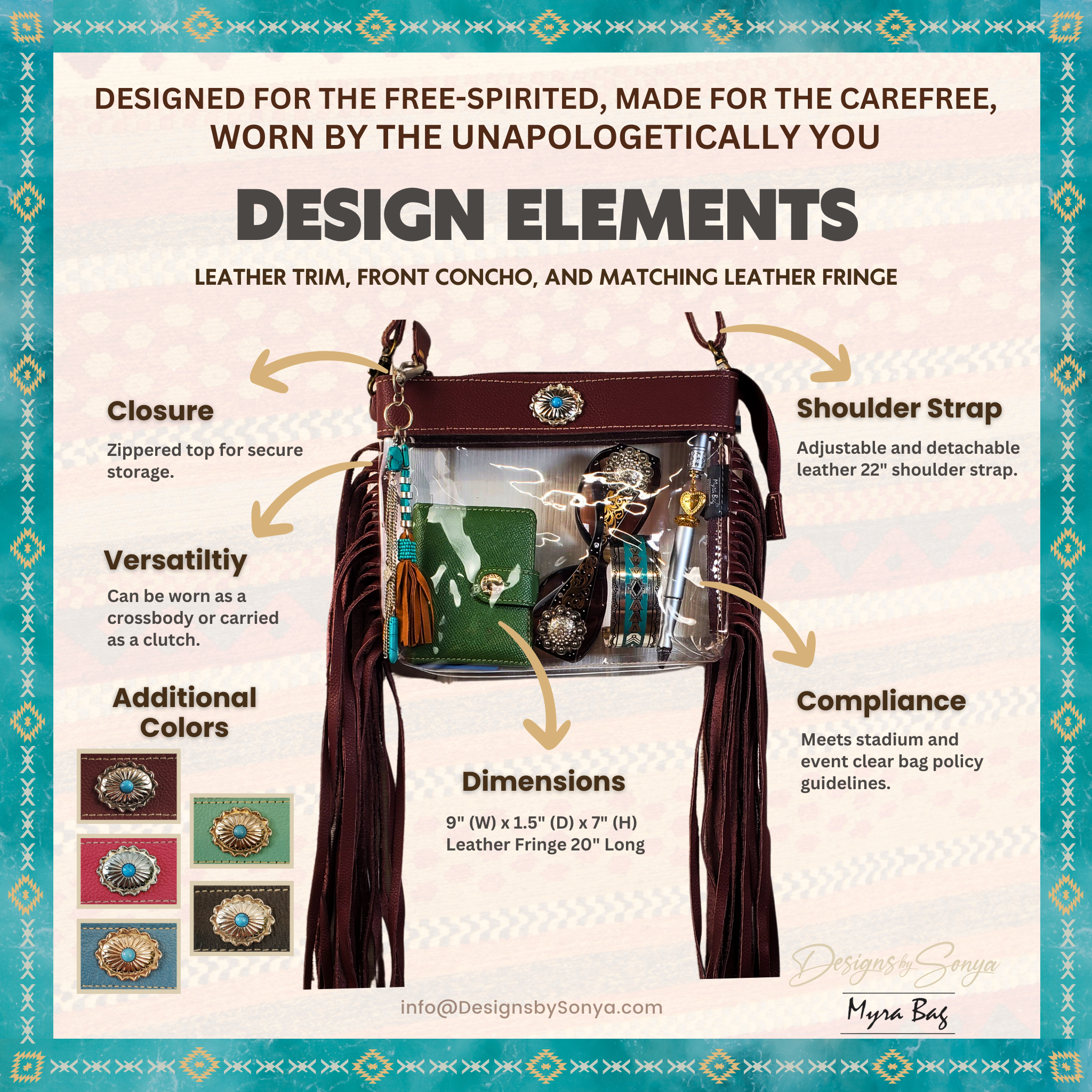 Azura Clear Crossbody Bag by Myra in Turquoise Blue | Stadium Approved Western Leather Handbag with Fringe, Adjustable Strap, and Concho Detailing