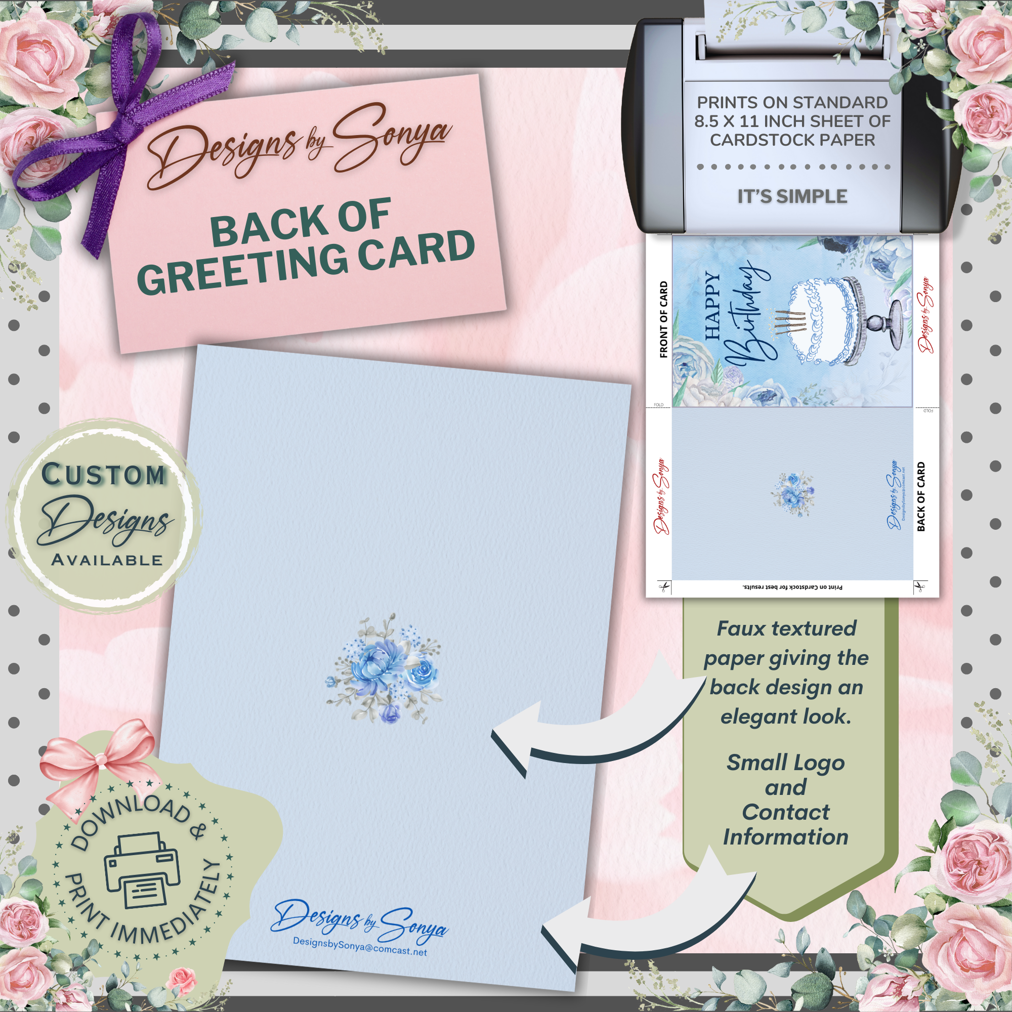 Blue Floral Birthday Card 5x7 | Printable Birthday Card | Watercolor Cake Design | Fits A7 Envelope | Digital Download | Print at Home