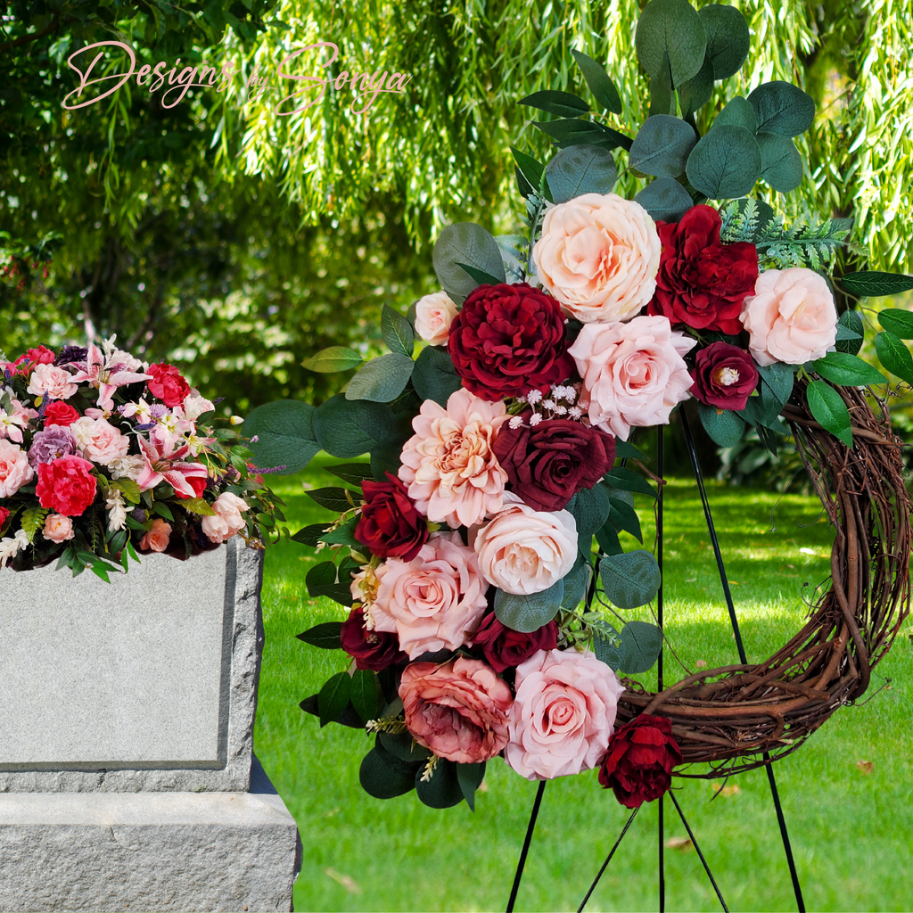 Grapevine Front Door Wreath - Country Rustic Porch, Memorial Service Handcrafted with Roses, Camellias, Dahlias, Greenery