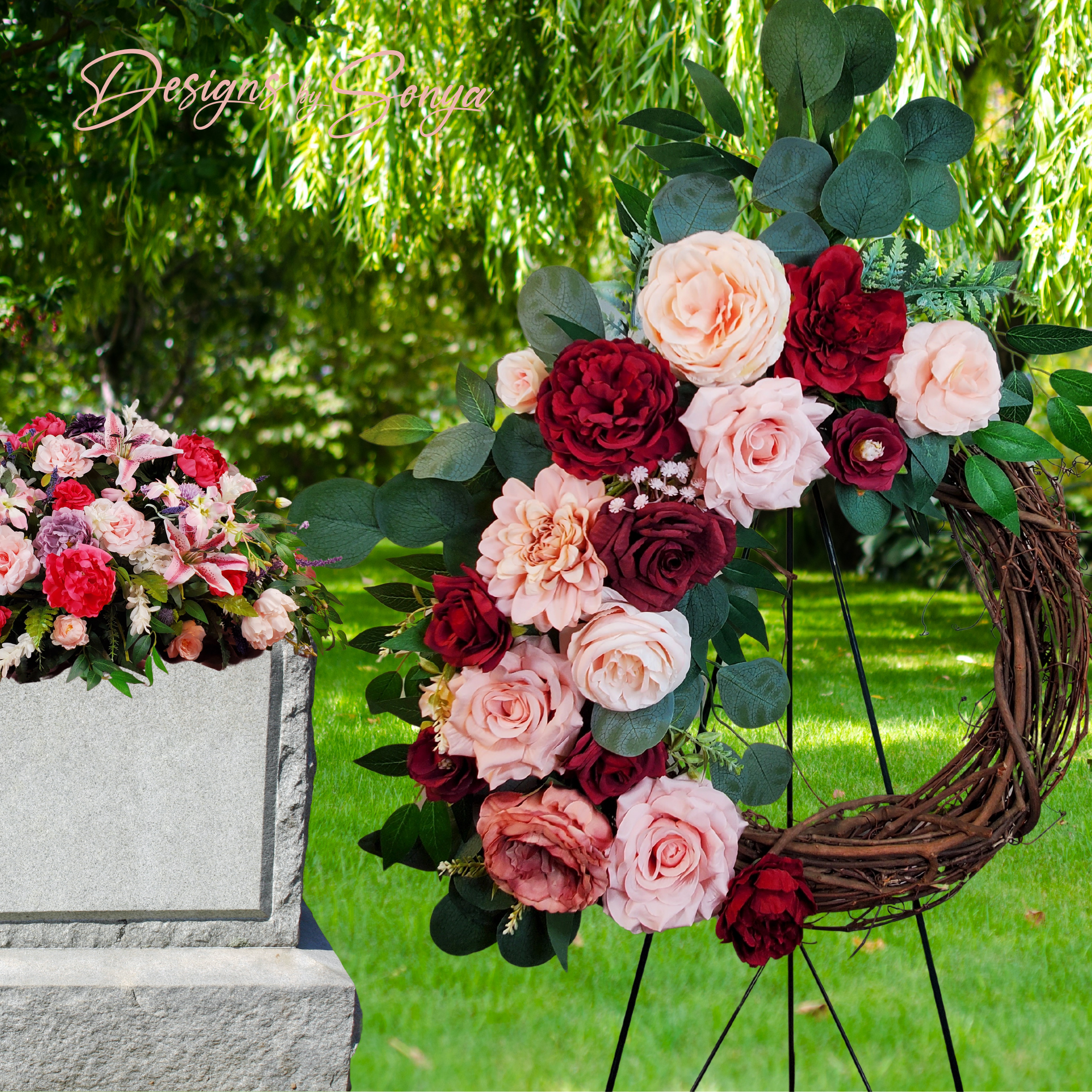 Grapevine Front Door Wreath - Country Rustic Porch, Memorial Service Handcrafted with Roses, Camellias, Dahlias, Greenery