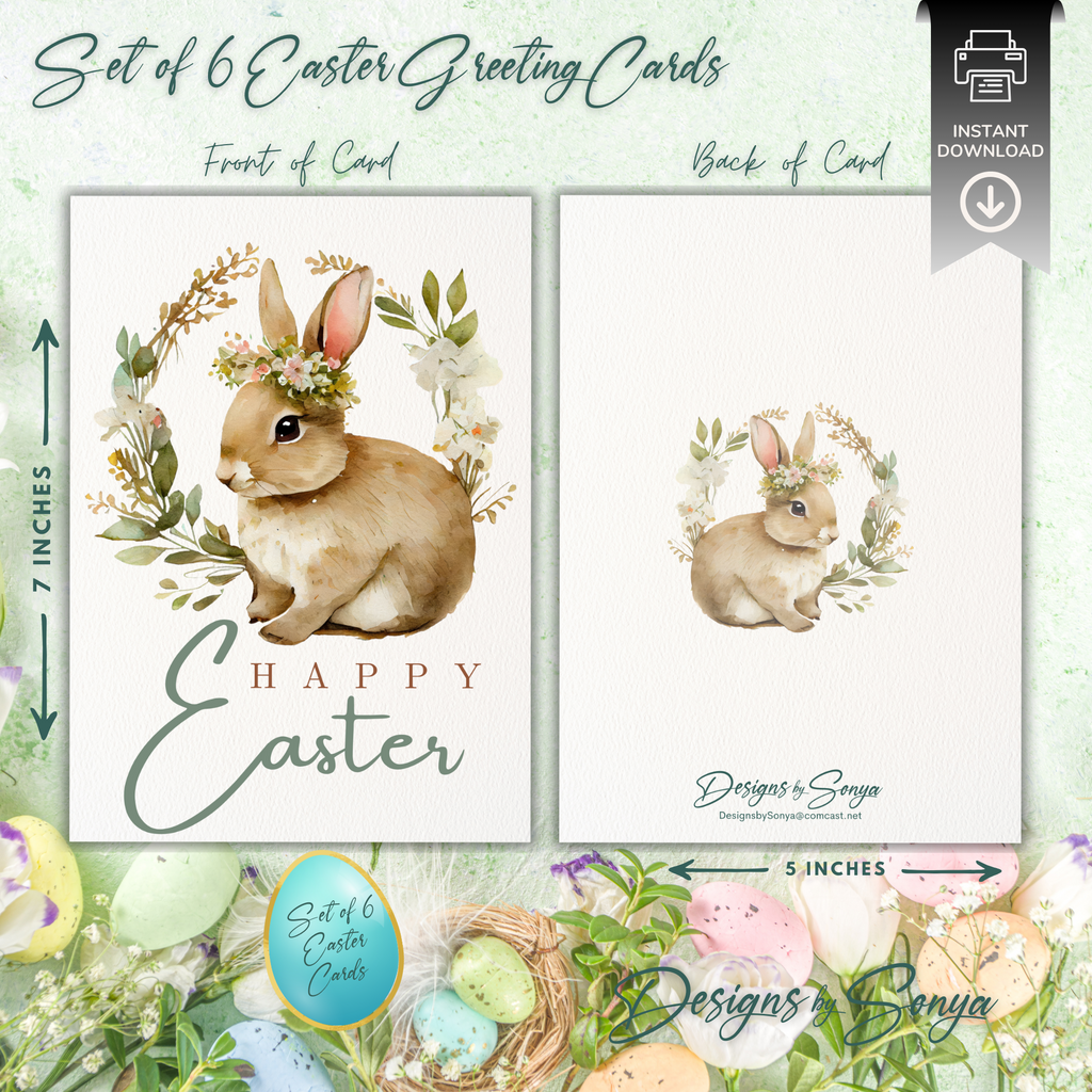 Elegant Custom Designed Set of 6 Printable 5 x 7 inch Happy Easter Greeting Cards - Floral Designs with an Adorable Rabbit -Instant Download