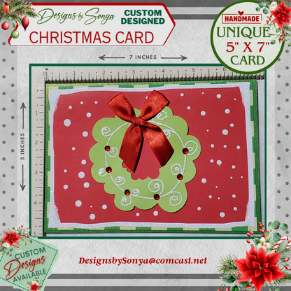 LIMITED EDITION | Handmade Christmas Wreath Card - 5x7 Holiday Seasons Greeting - Festive Red & Green with Ribbon Bow and Sparkle Accents