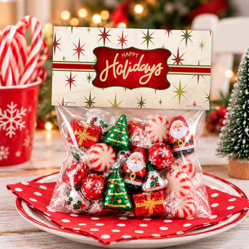 Printable Christmas Treat Bag Topper Collection | 4 Vintage Holiday Designs | Candy Bag Toppers for Classroom Parties & Christmas Gifts | 4" x 2" PDF
