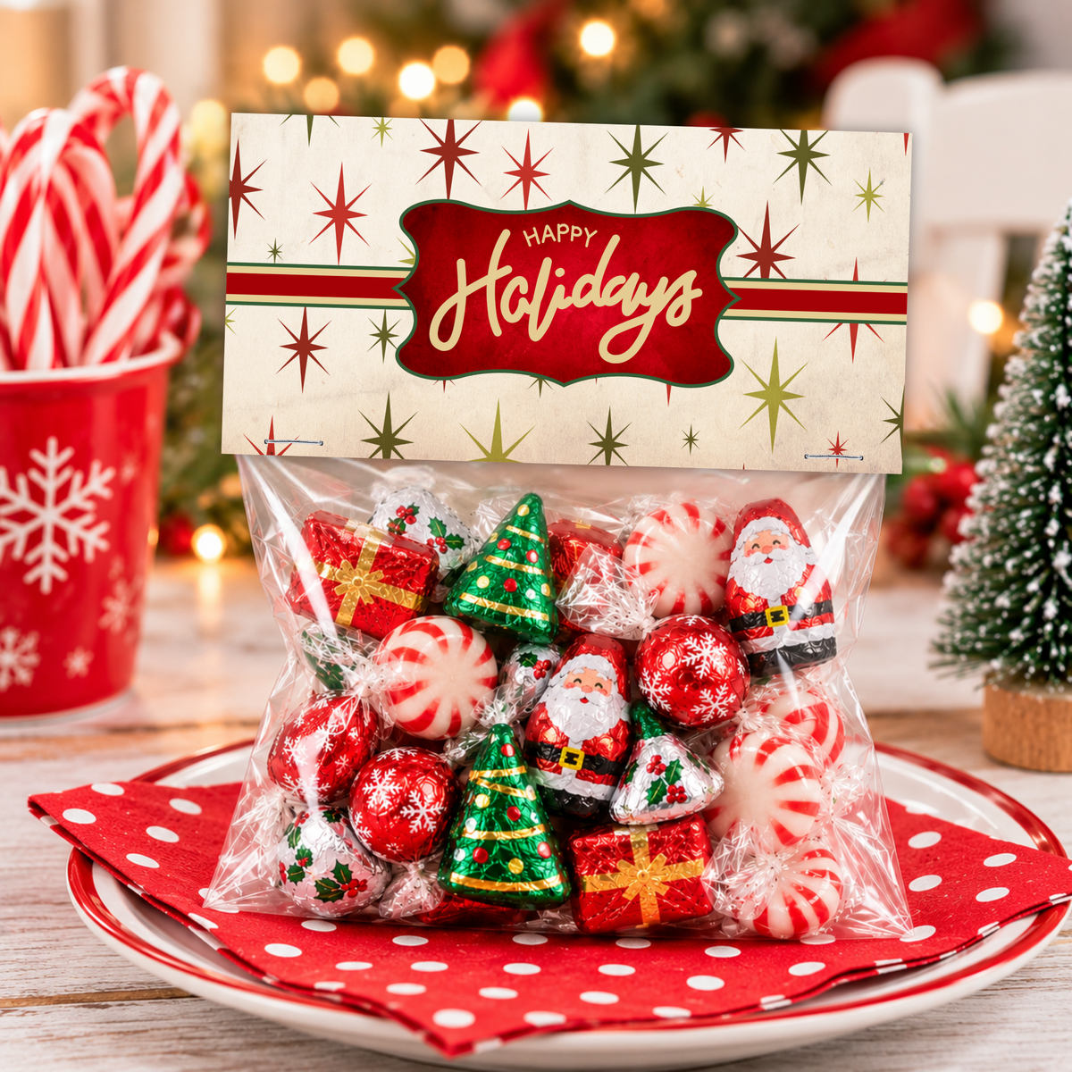 Printable Christmas Treat Bag Topper Collection | 4 Vintage Holiday Designs | Candy Bag Toppers for Classroom Parties & Christmas Gifts | 4" x 2" PDF
