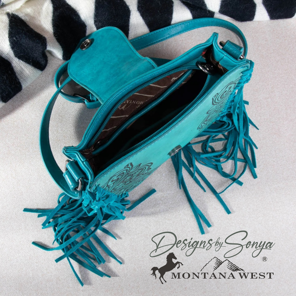 Montana West Turquoise Hand-Tooled Floral Crossbody Fringe Purse with Concealed Carry | Turquoise | MW1249-8360TQ