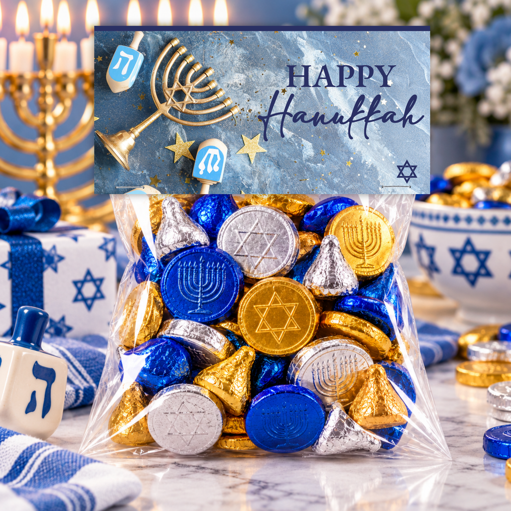 Printable Hanukkah Treat Bag Topper | Happy Hanukkah Candy Bag Topper | Menorah & Dreidel Design | Jewish Holiday Party Favors | 4 x 2 PDF